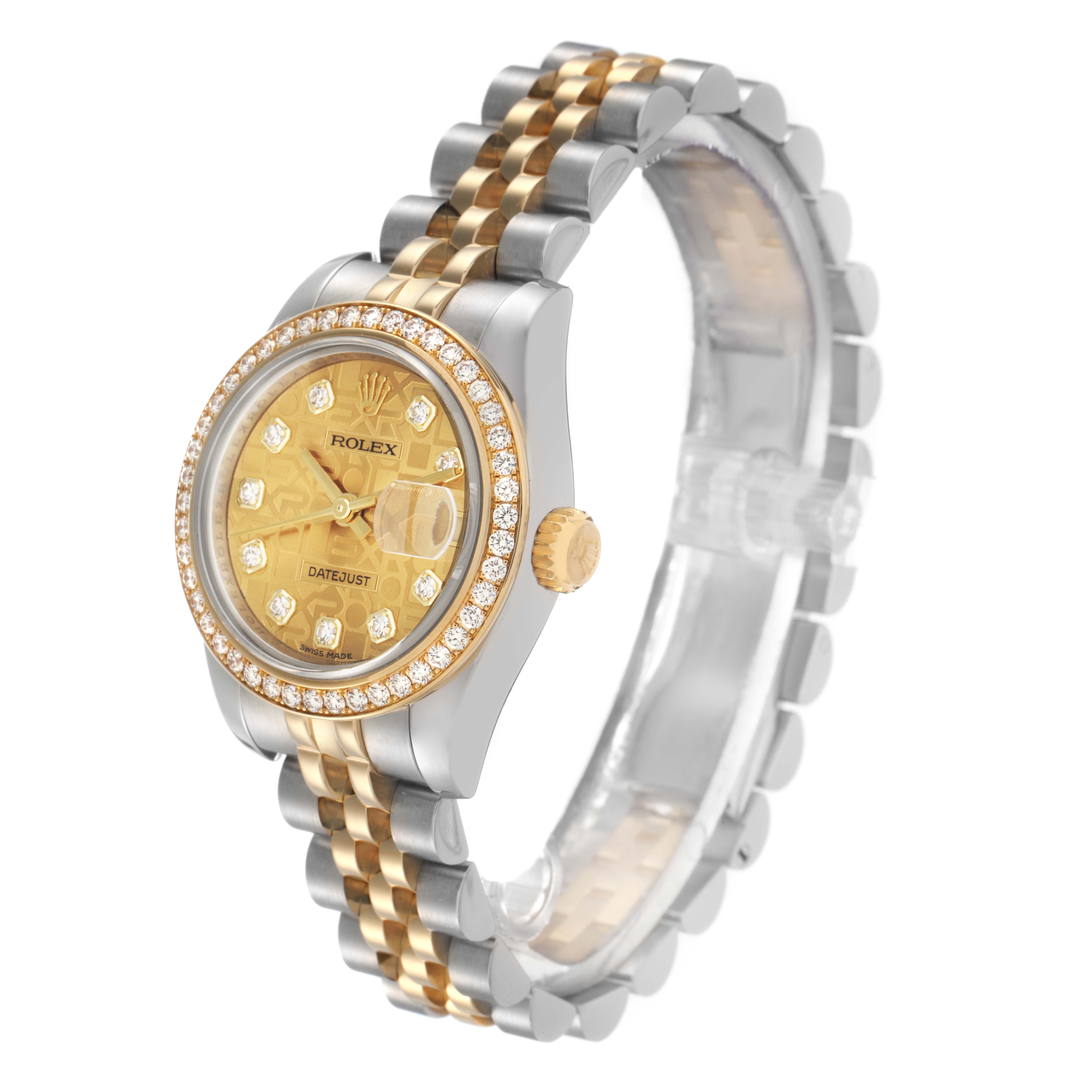 The Rolex Datejust model 179383G is shown at a slight side angle, highlighting the gold and diamond bezel, gold dial, and two-tone bracelet.