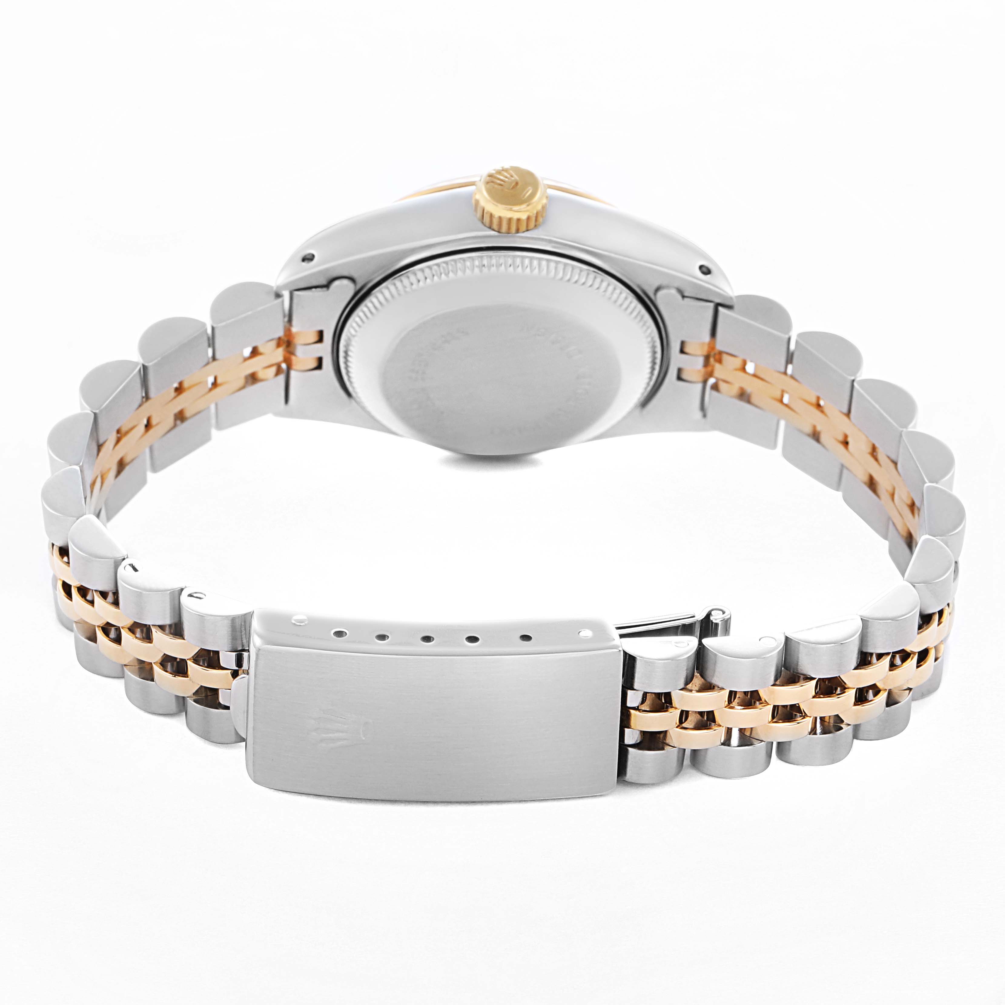 The image shows the back of the Rolex Datejust model 69173, focusing on the clasp, bracelet, and case back.