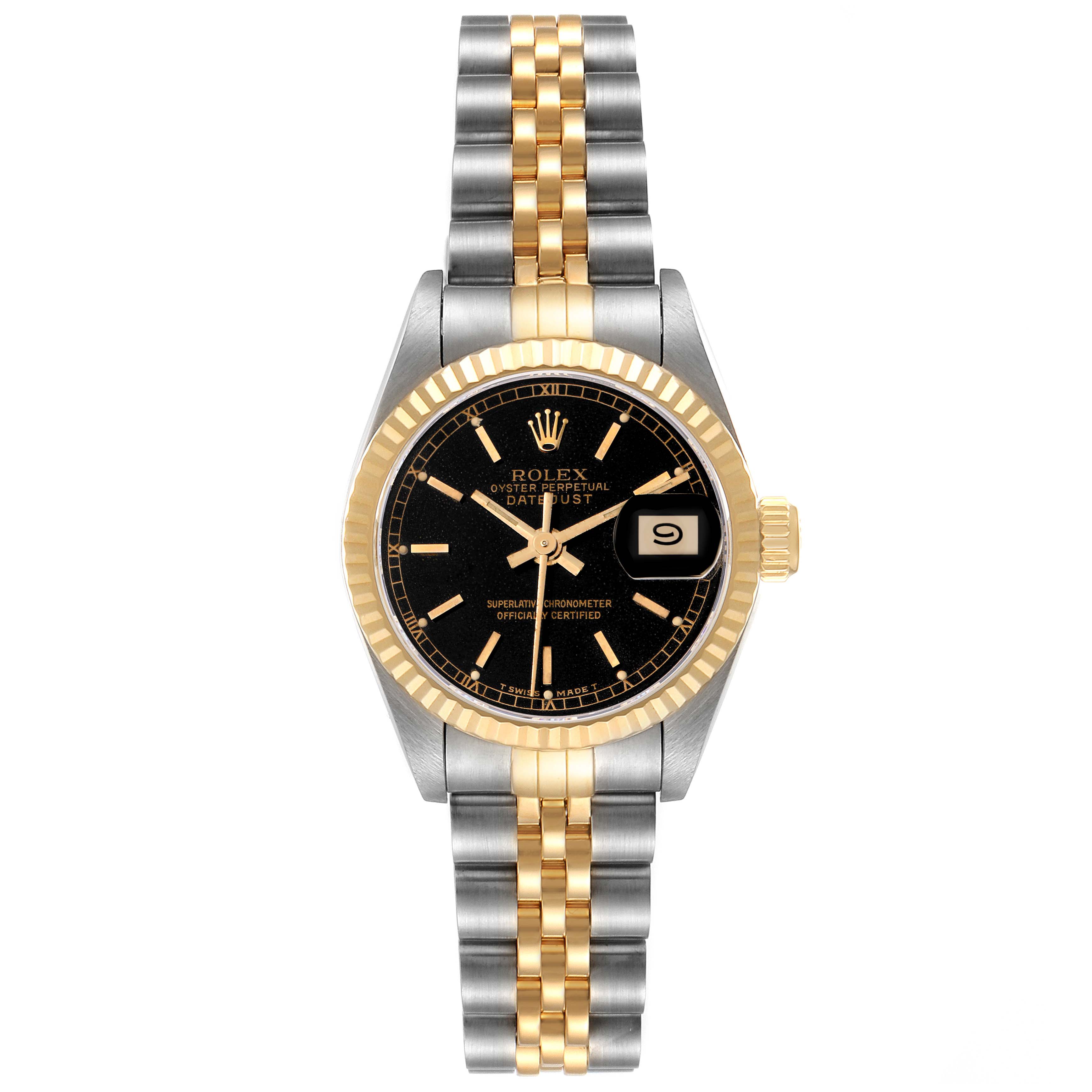 The Rolex Datejust model 69173 watch is shown from a top-down angle, featuring its two-tone bracelet, fluted bezel, black dial, and date window.