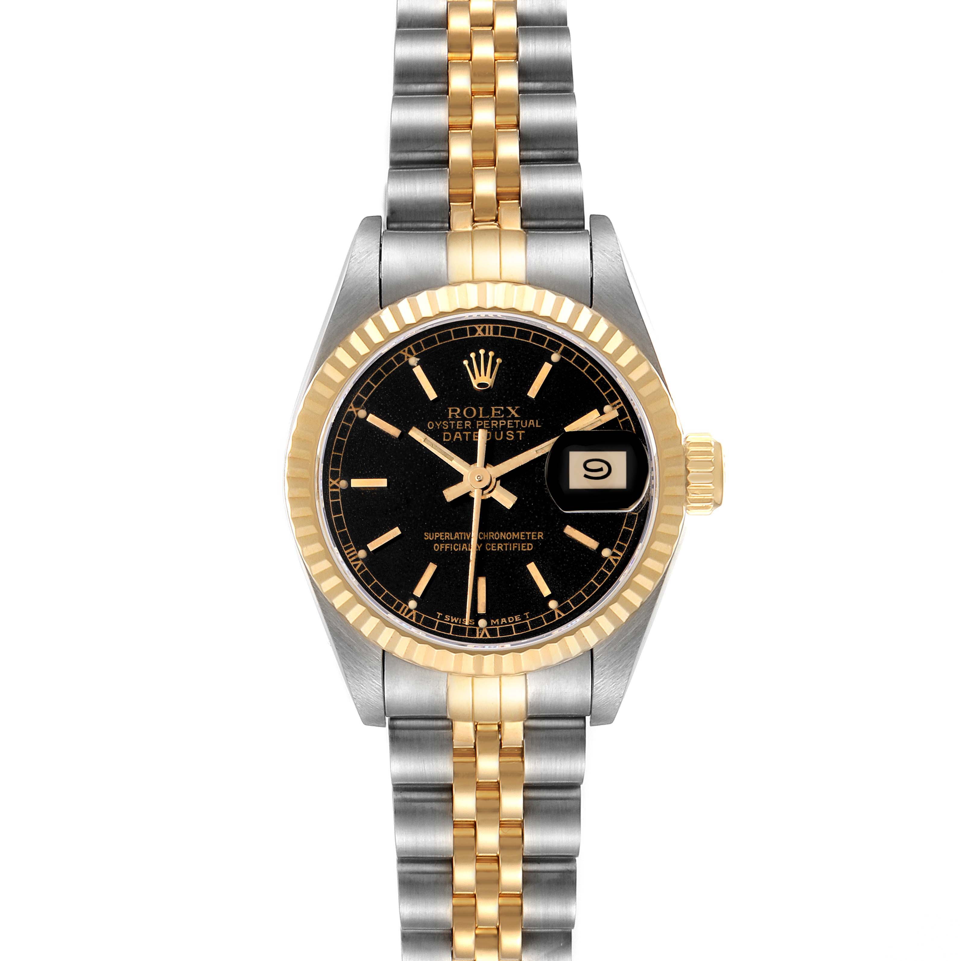The Rolex Datejust model 69173 is shown from a front angle, highlighting its black dial, gold fluted bezel, two-tone Jubilee bracelet, and date display.