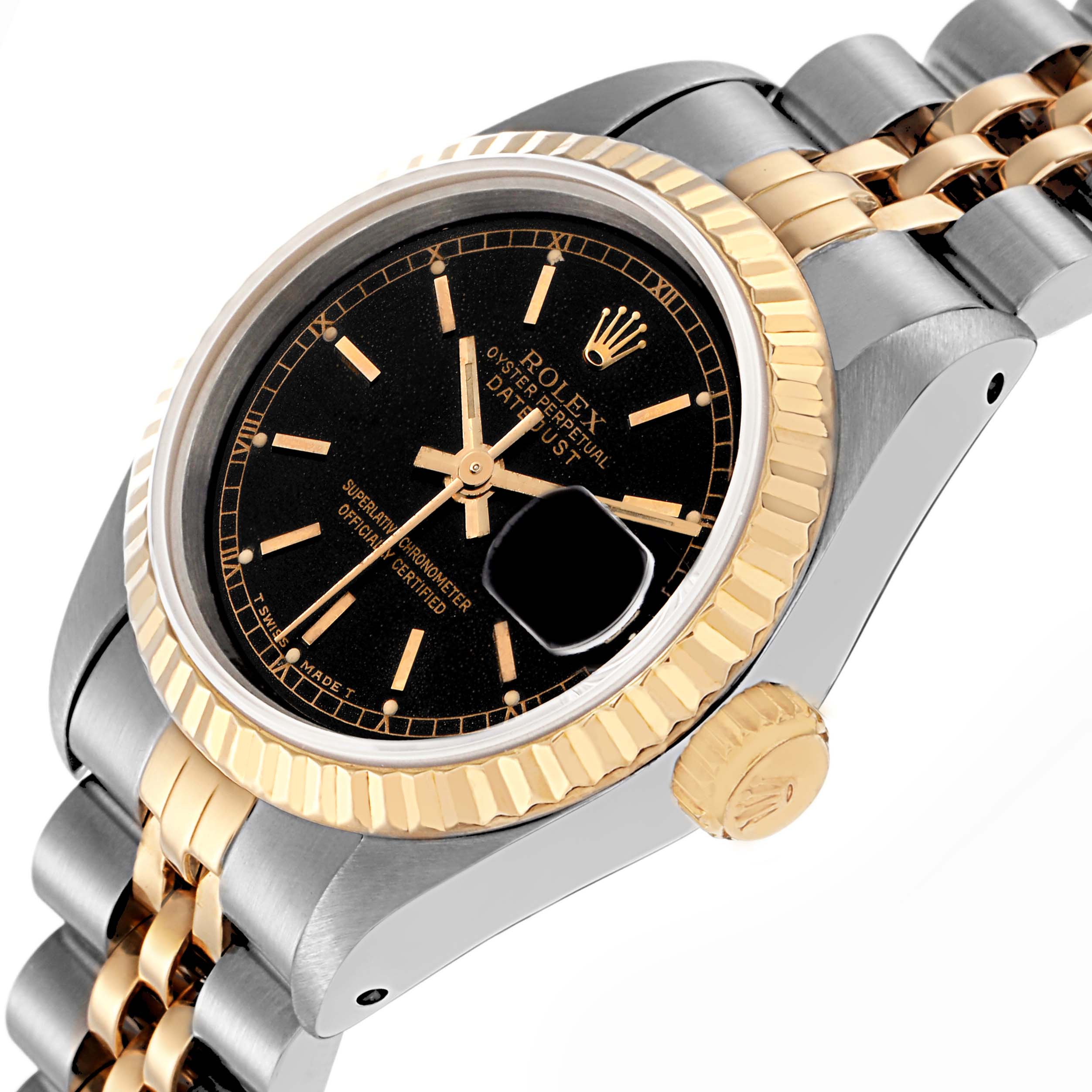 The Rolex Datejust model 69173 is shown at an angle highlighting the black dial, fluted gold bezel, crown, and two-tone bracelet.