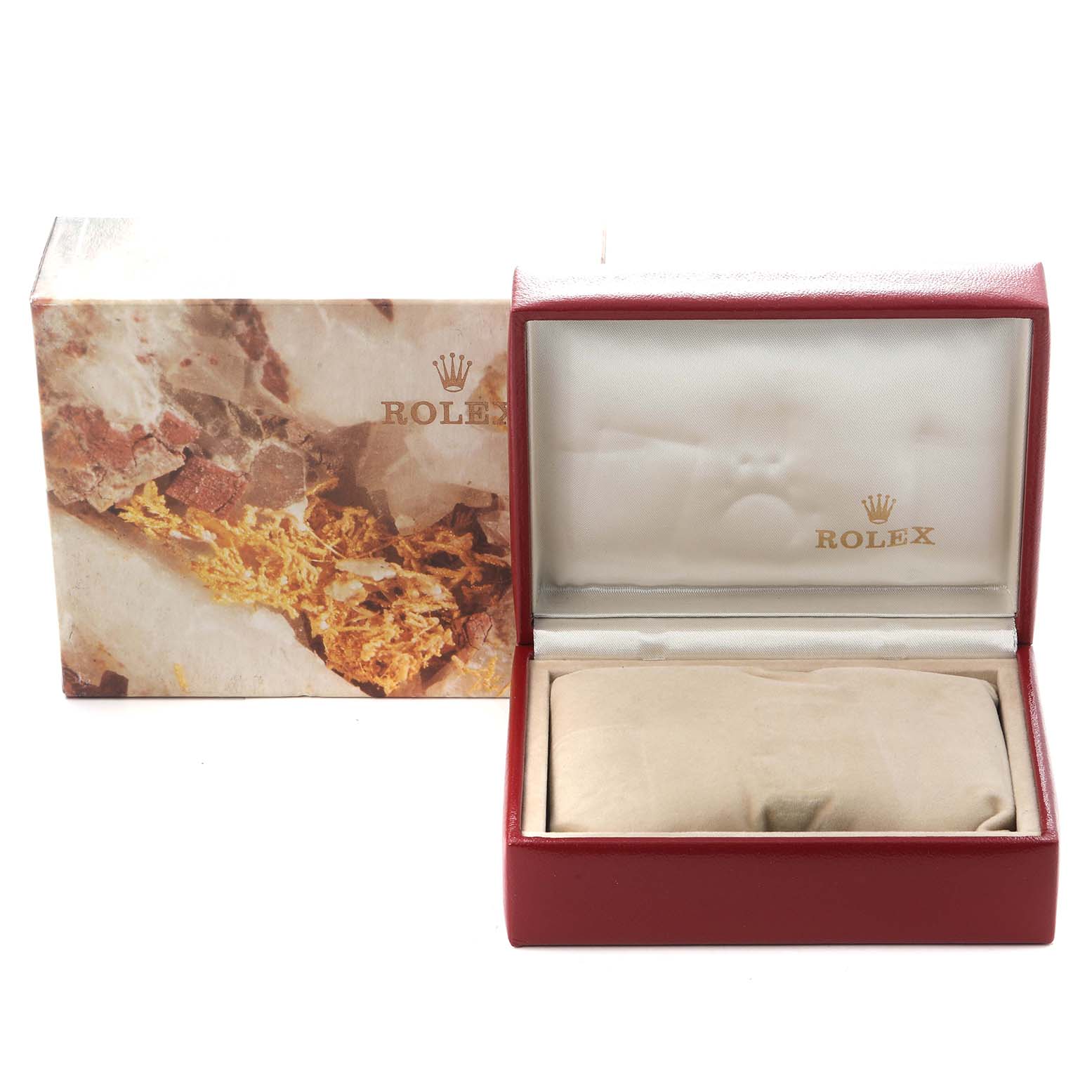 The image shows a Rolex Datejust model 69173 watch box and cushion at a front angle, with the lid open and an outer packaging in the background.