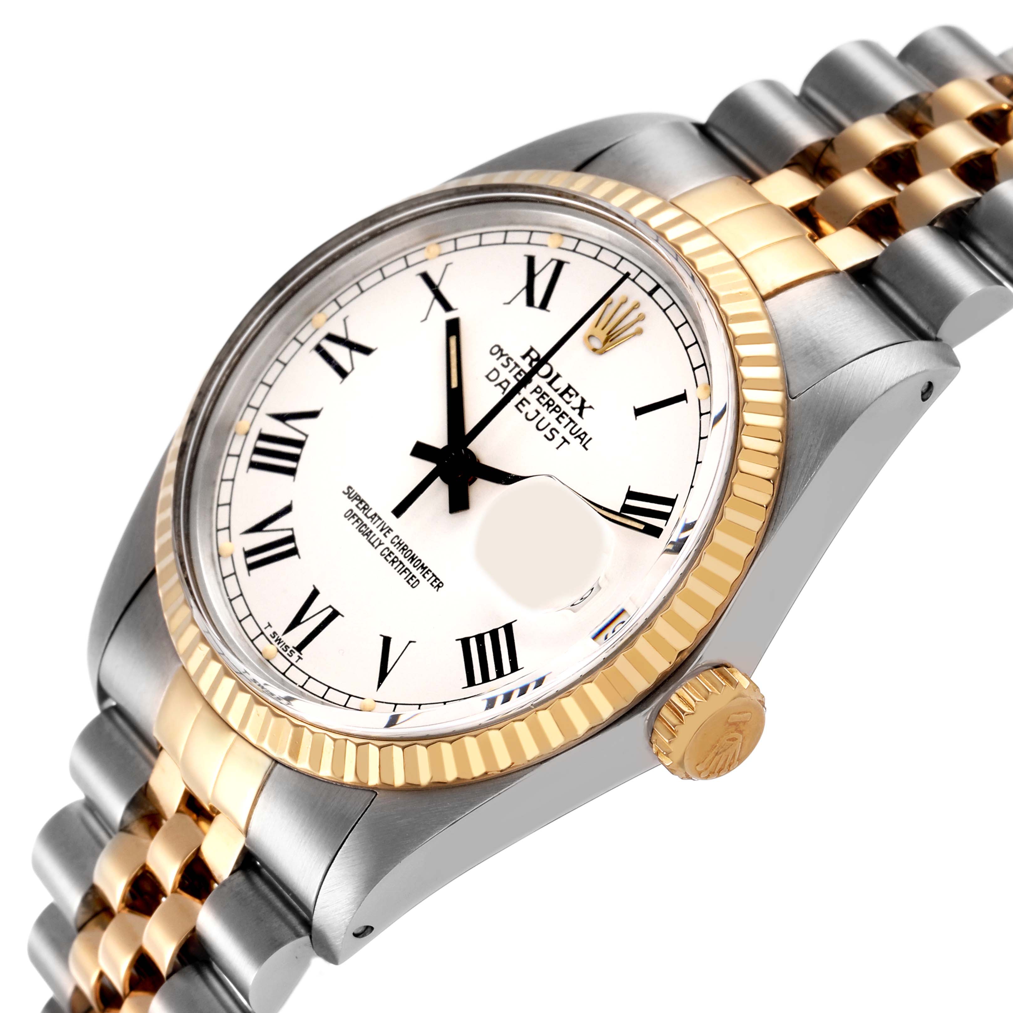 The Rolex Vintage Collection 16013 Men's Steel and Gold (two tone) White Dial watch is shown at an oblique angle, highlighting its face, bezel, crown, and partial bracelet.