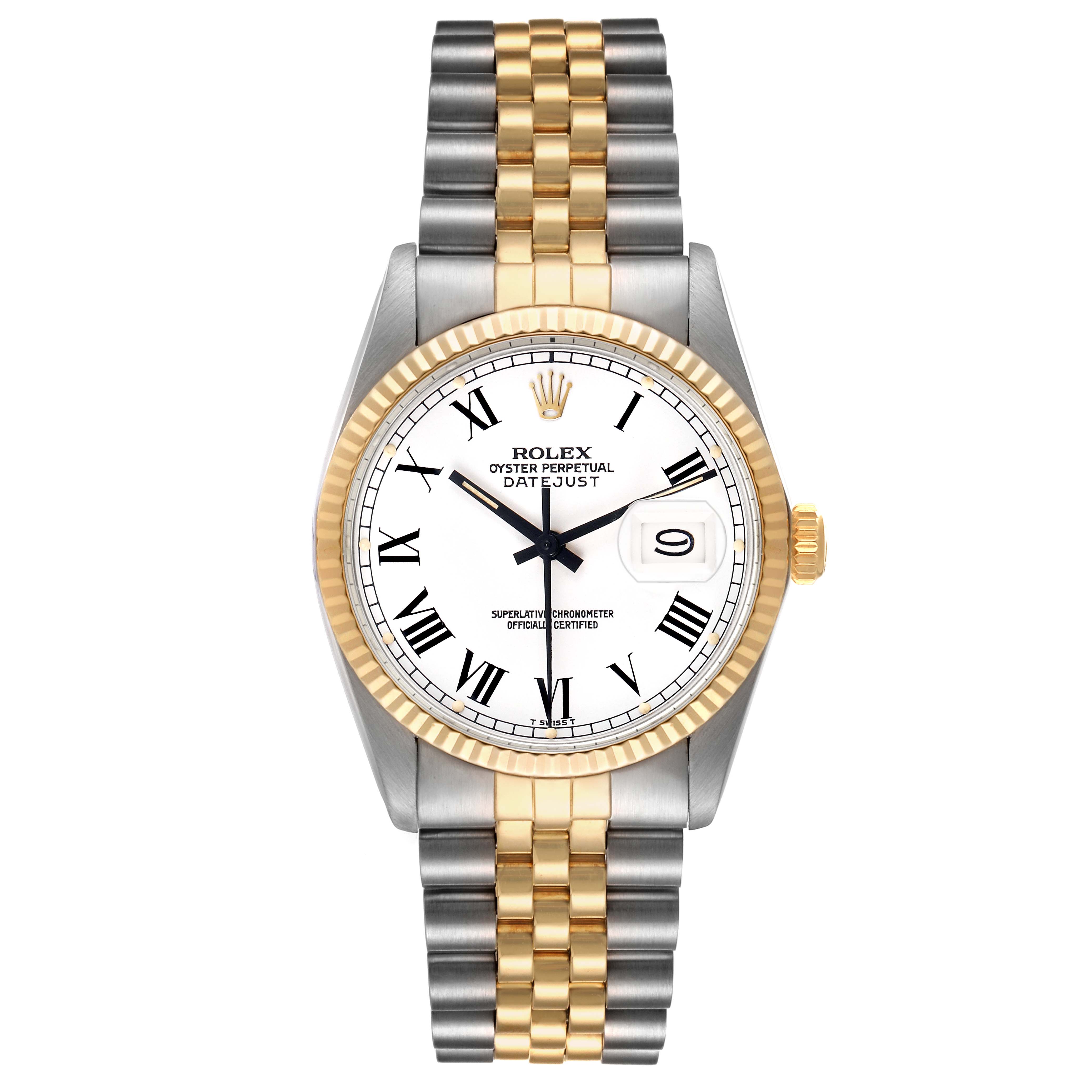 The Rolex Vintage Collection 16013 Men's Steel and Gold (two tone) White Dial model is shown from the front, highlighting the dial, bezel, and two-tone bracelet.