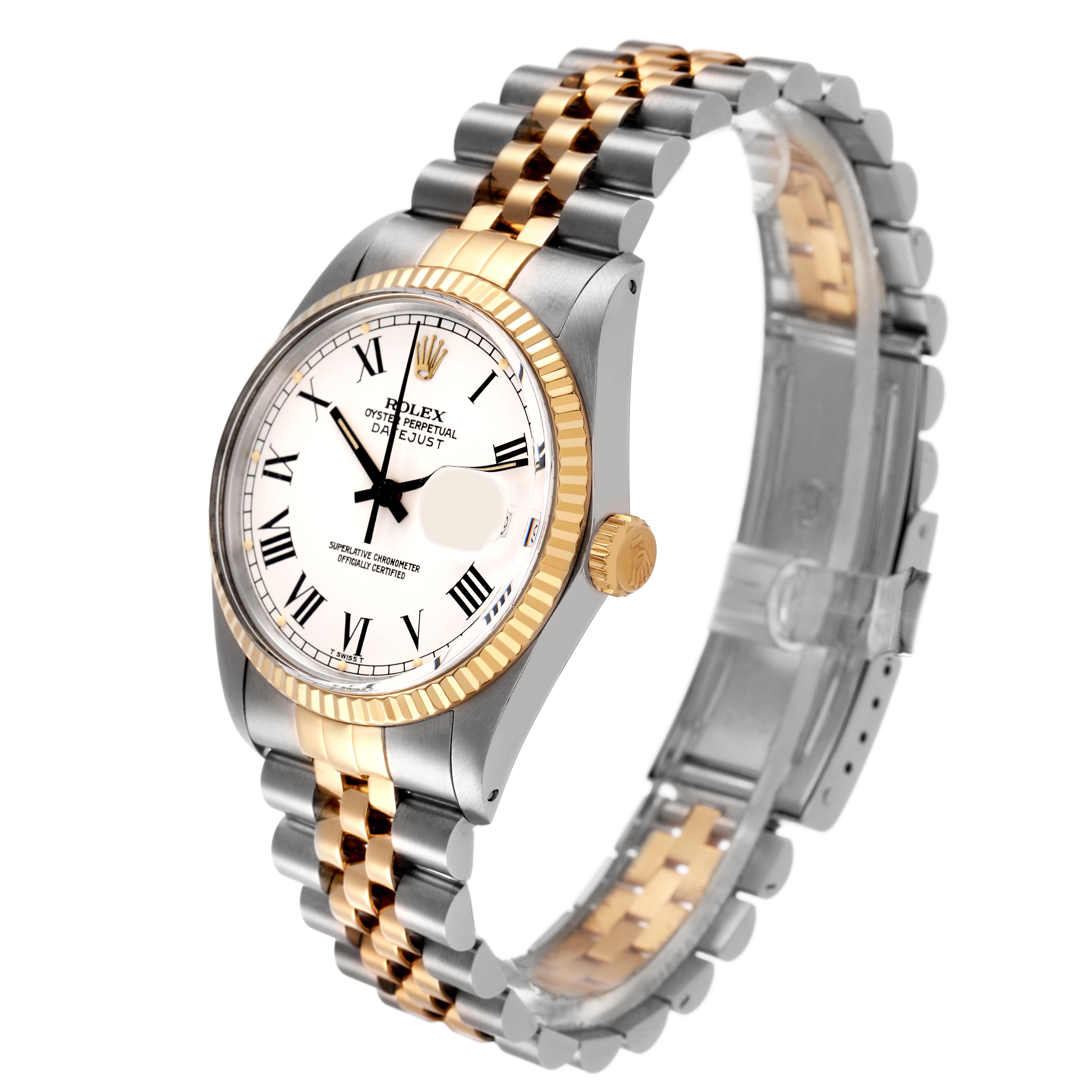 The Rolex Vintage Collection 16013 Men's Steel and Gold (two tone) White Dial model is shown at an angled view, highlighting its two-tone bracelet, bezel, crown, and dial.