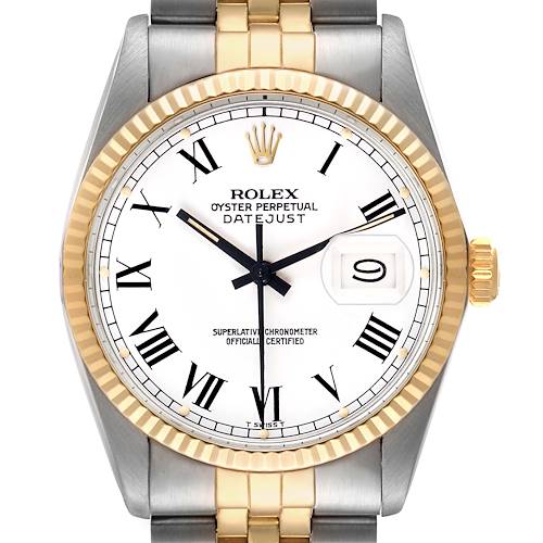 The Rolex Vintage Collection 16013 Men's Steel and Gold (two tone) White Dial model is shown from the front, displaying its dial, hands, fluted bezel, and part of the bracelet.