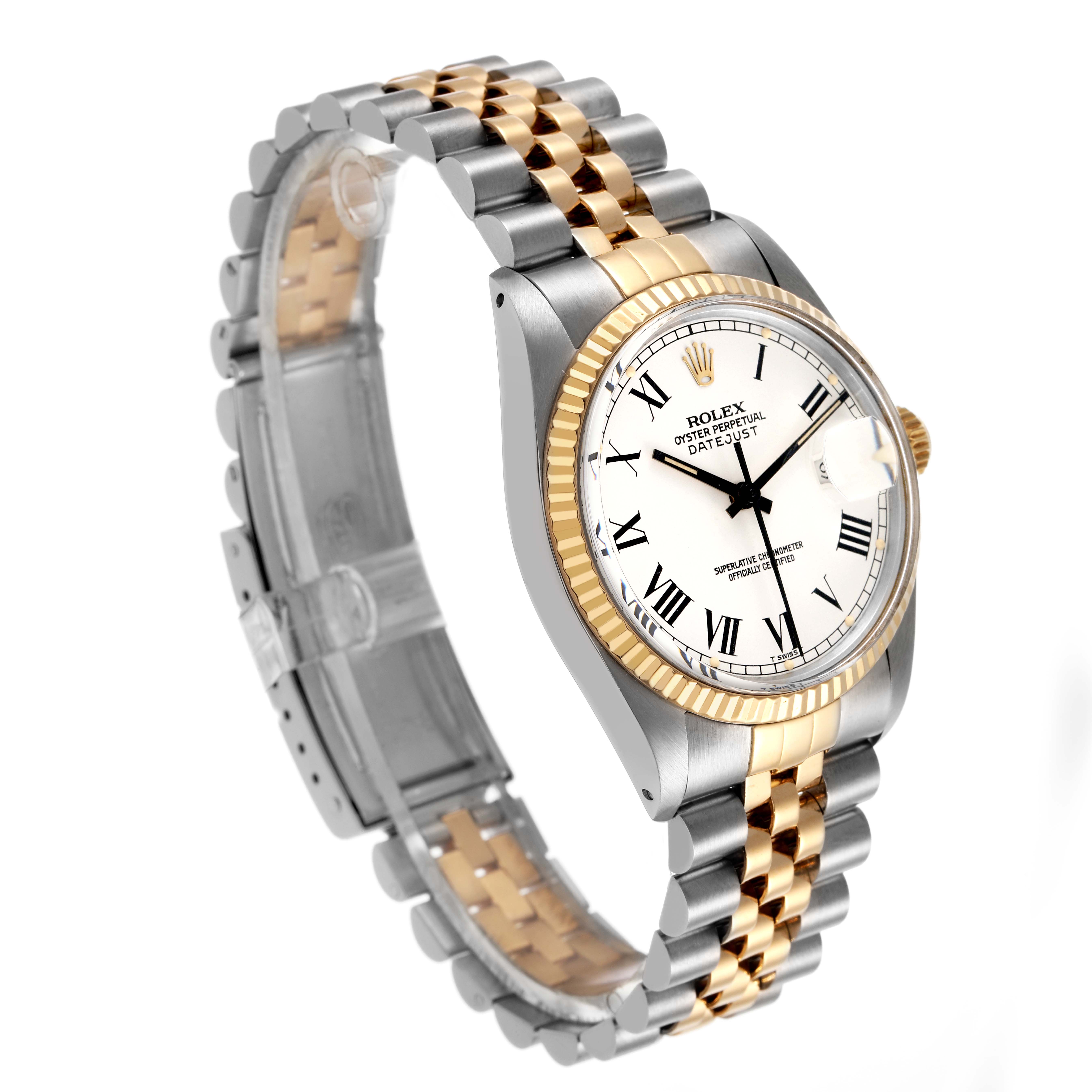 The Vintage Collection Rolex watch is shown from an angled side view, highlighting the dial, bezel, and jubilee bracelet.