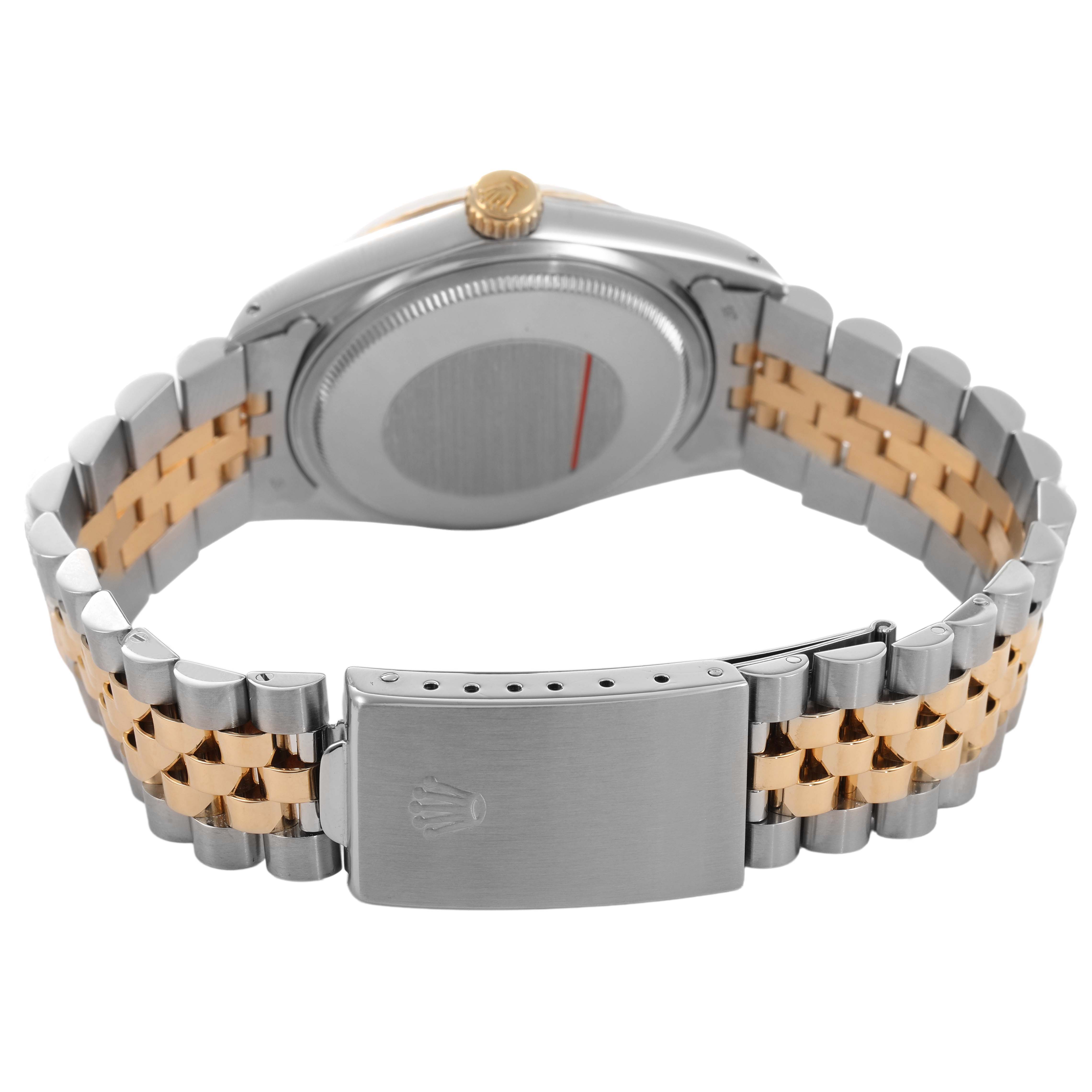 The image shows the back and clasp of a Rolex Vintage Collection 16013 Men's Steel and Gold (two tone) White Dial watch, highlighting its two-tone metal bracelet.