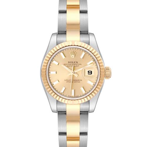 The image shows a front view of a Rolex Datejust watch featuring a two-tone bracelet and a champagne dial.