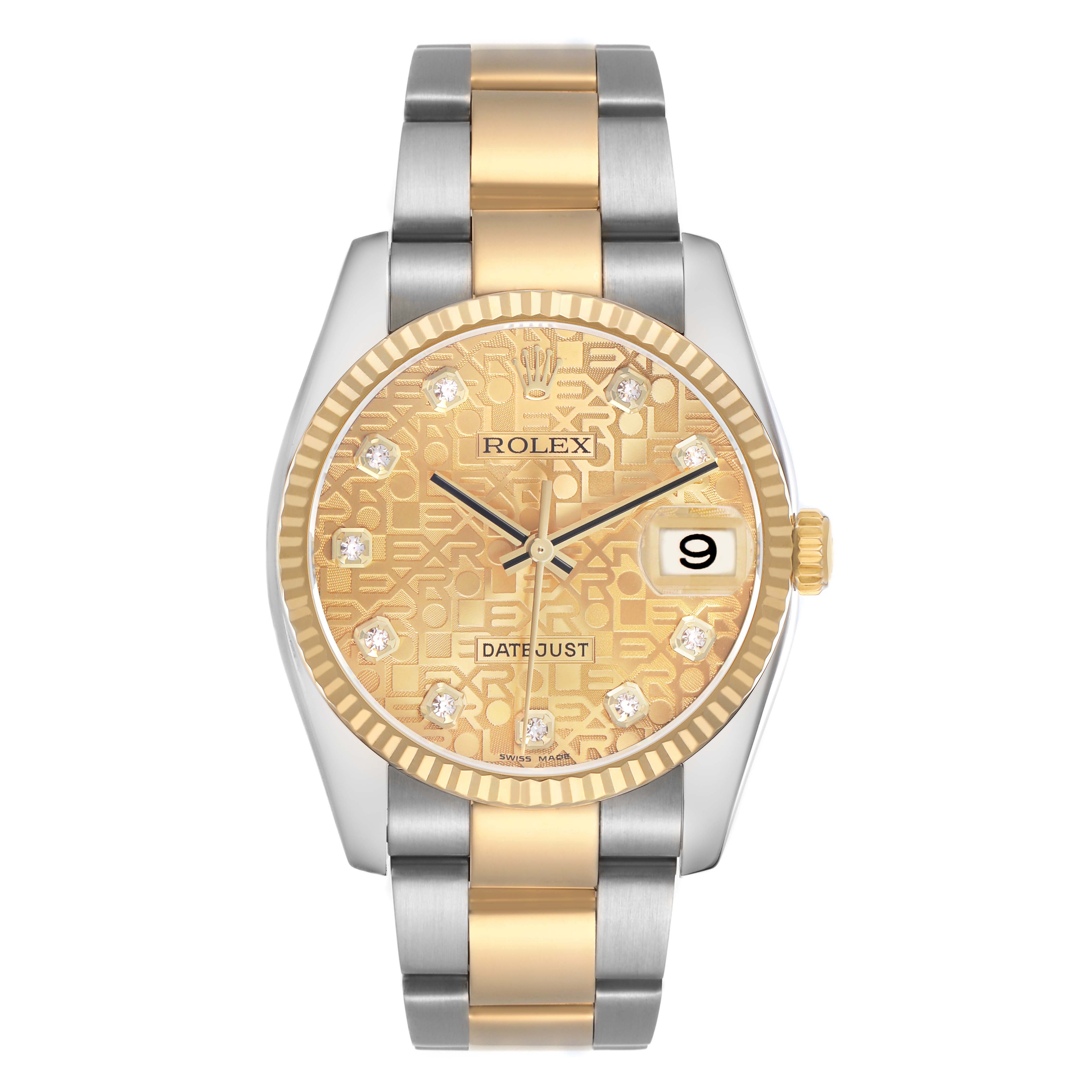 The Rolex Datejust 116233 Men's Stainless Steel Champagne Dial watch is shown from a front angle, highlighting its gold bezel, dial, and two-tone bracelet.