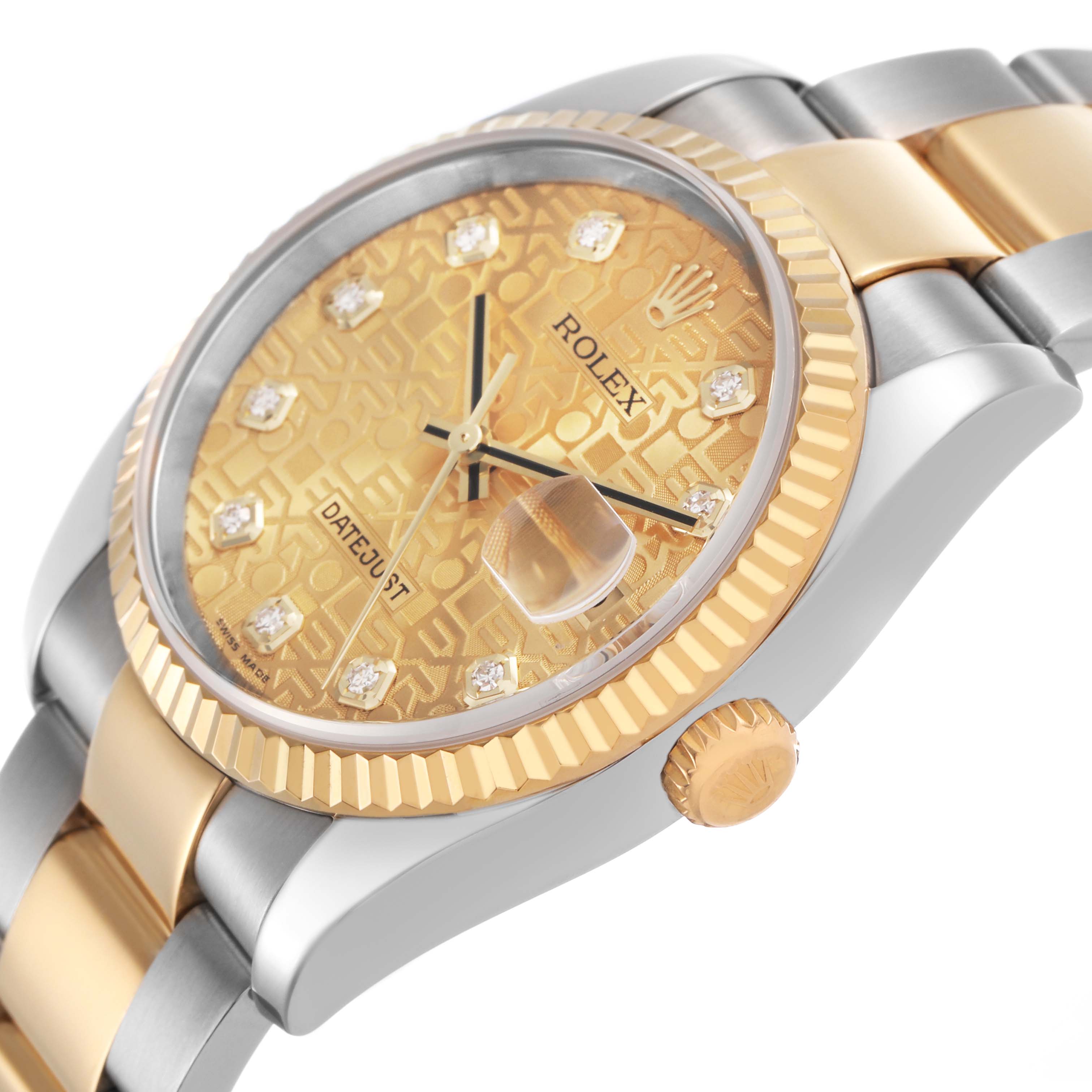 The Rolex Datejust 116233 Men's Stainless Steel Champagne Dial watch is shown at an angled side view, displaying the face, bezel, crown, and part of the bracelet.