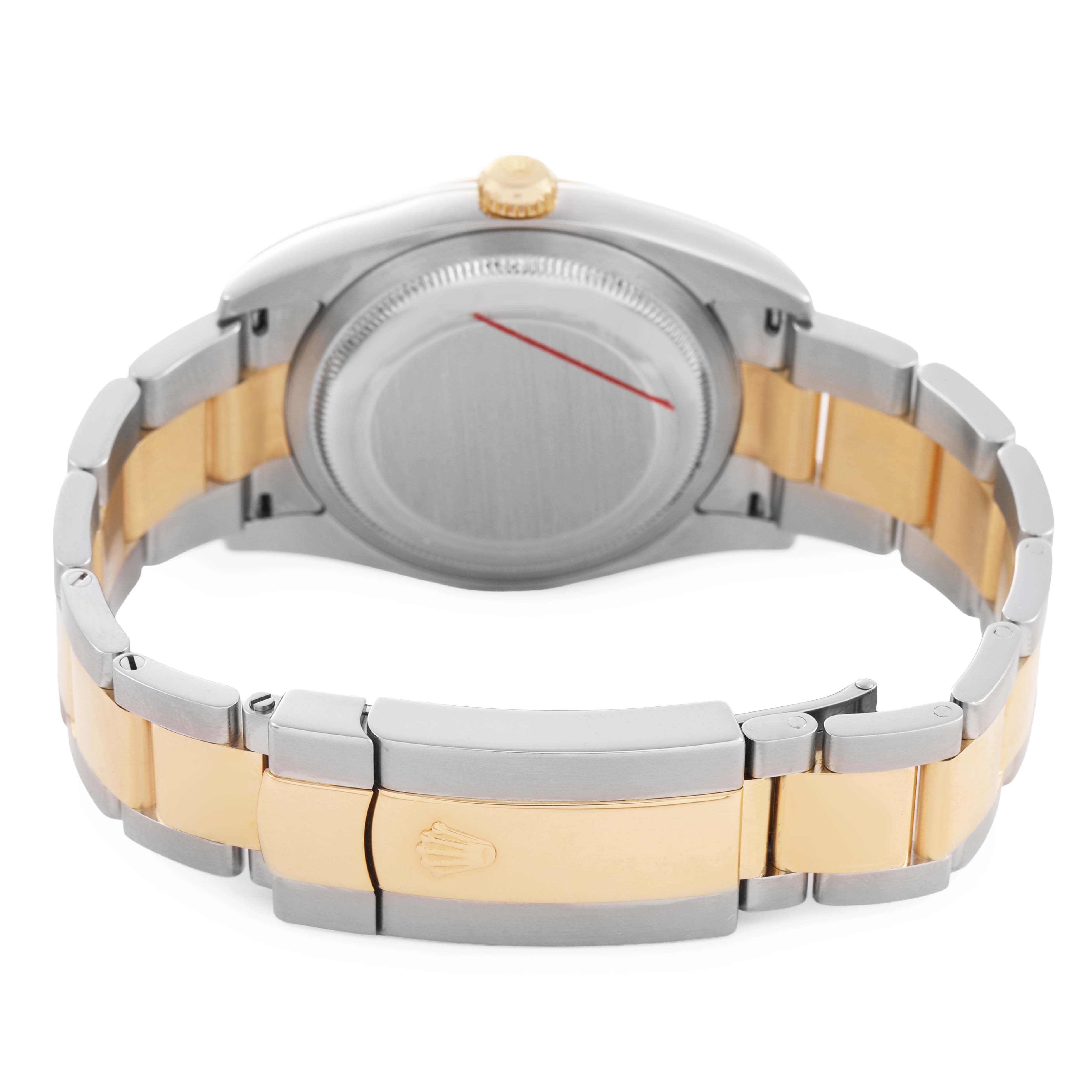 The image shows the back view of a Rolex Datejust 116233 Men's Stainless Steel Champagne Dial watch, highlighting its two-tone bracelet and closed clasp.