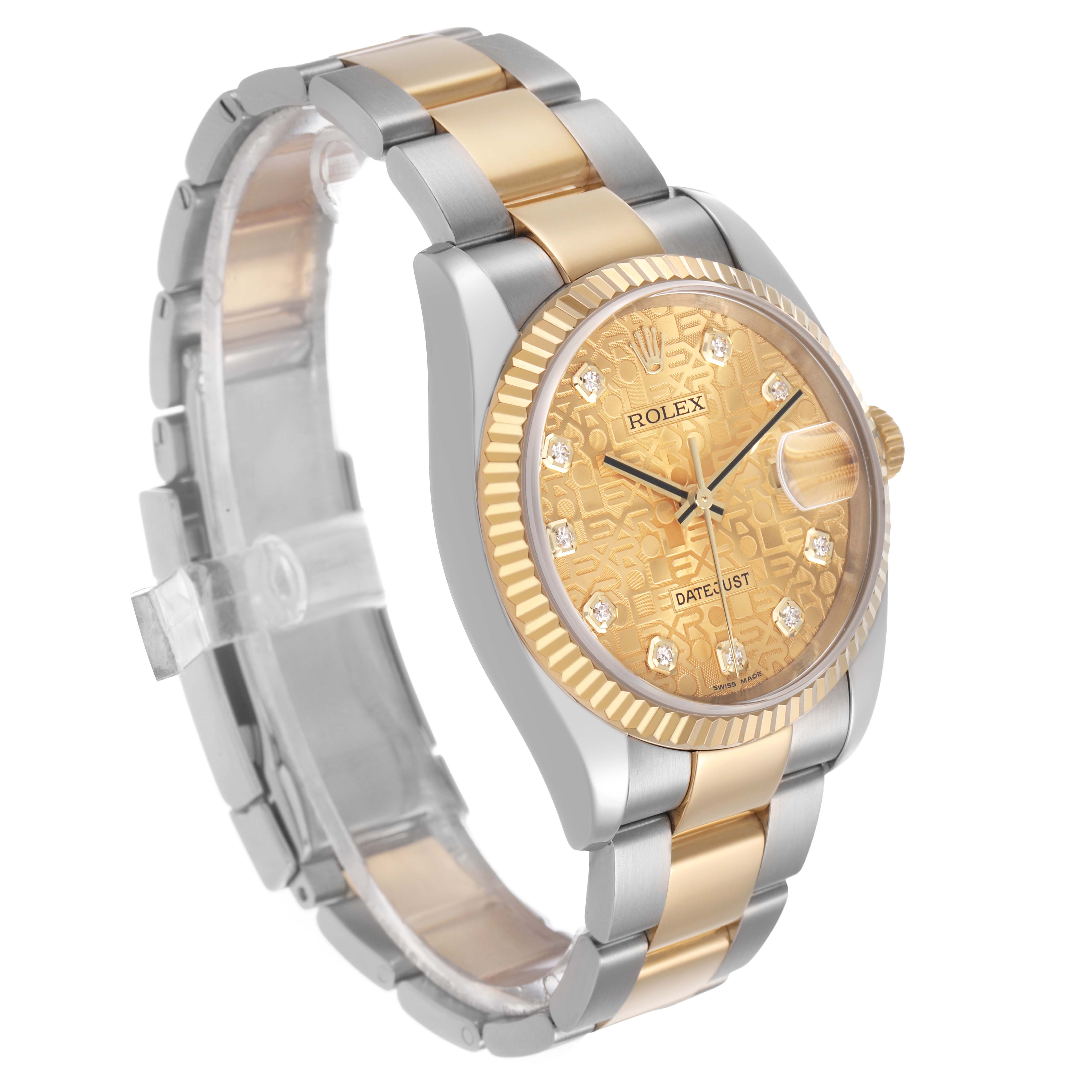 The Rolex Datejust 116233 Men's Stainless Steel Champagne Dial watch is shown at a three-quarter angle, highlighting its gold and silver bracelet, bezel, and face with diamond markers.
