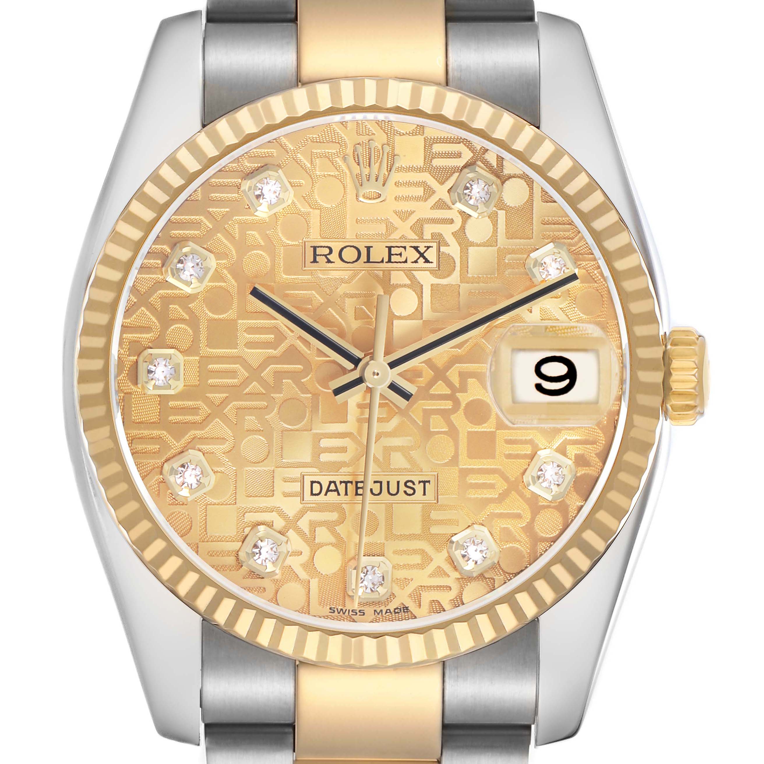 The Rolex Datejust 116233 Men's Stainless Steel Champagne Dial watch is shown from a front angle, highlighting the dial, bezel, and part of the bracelet.