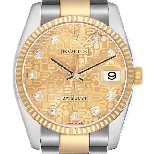 The image shows a frontal view of a Rolex Datejust 116233 Men's Stainless Steel Champagne Dial, highlighting its gold patterned dial, diamond hour markers, and date window.