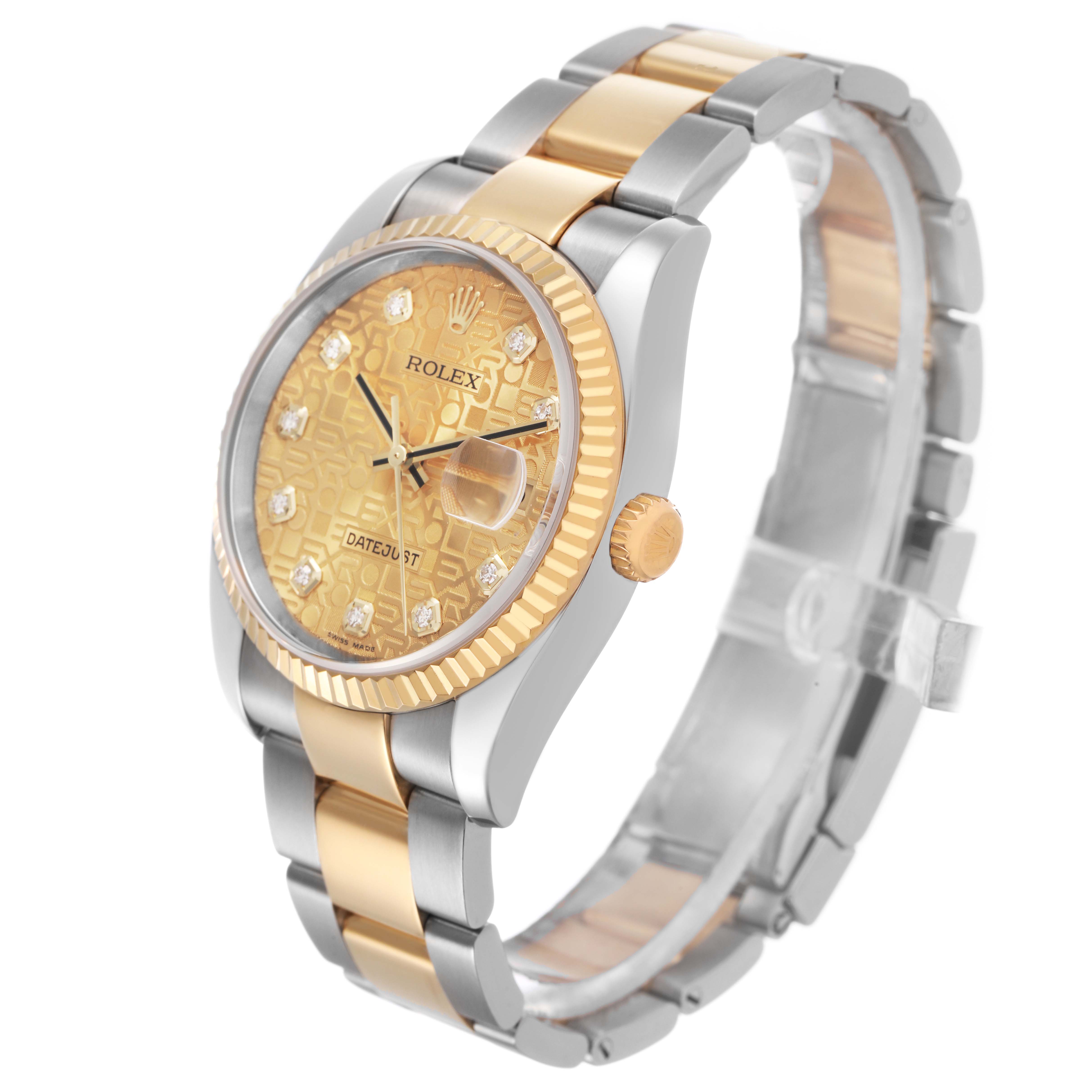 The Rolex Datejust 116233 Men's Stainless Steel Champagne Dial watch is shown at a three-quarter angle, highlighting its gold and silver bracelet, fluted bezel, and detailed dial.