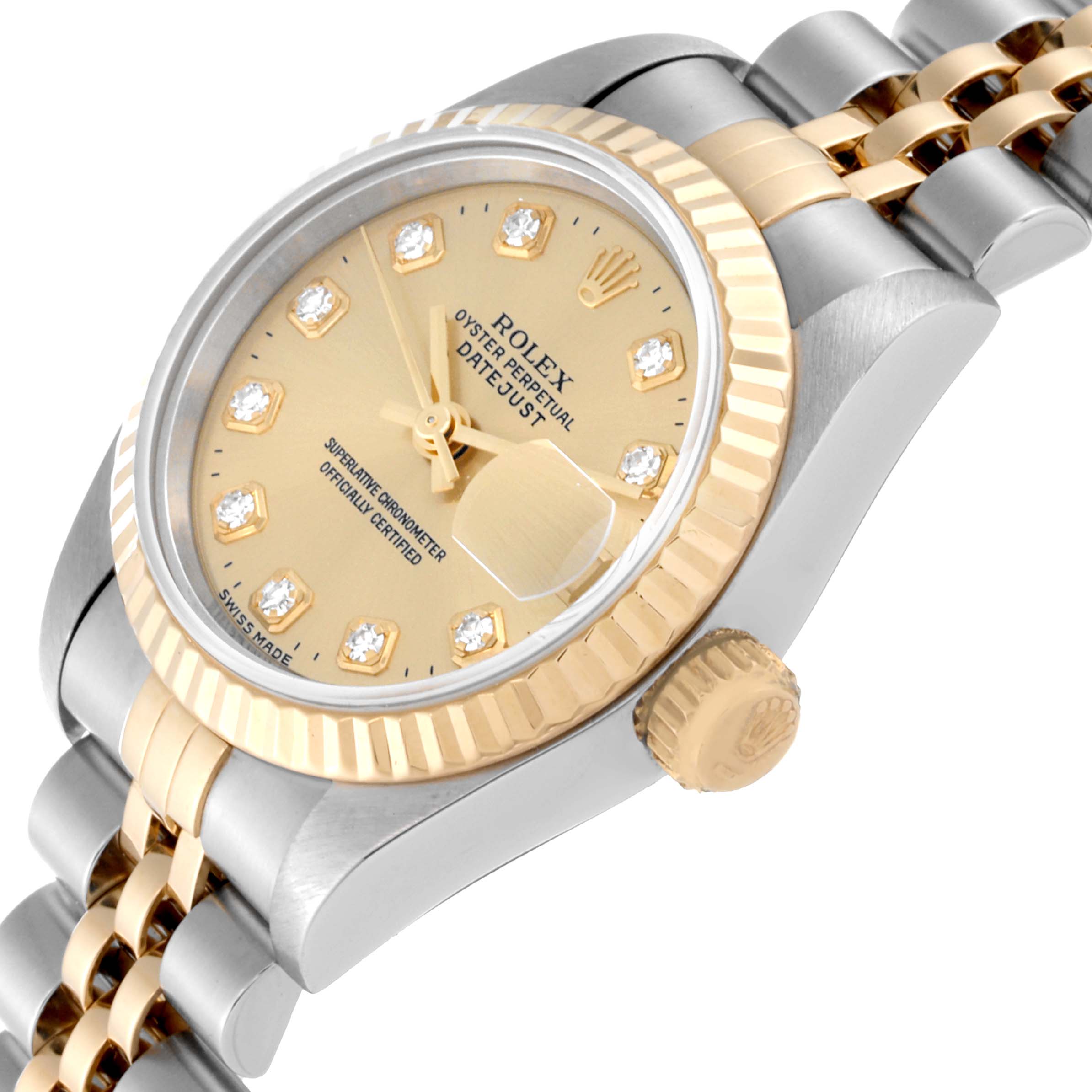 The image shows a close-up angled view of a Rolex Datejust 69173 Women's Steel and Gold (two tone) Champagne Dial 69173 Women's Steel and Gold (two tone) Champagne Dial watch displaying the dial, crown, and part of the bracelet.