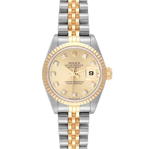 The image shows a frontal view of a Rolex Datejust watch, highlighting the dial, bezel, and two-tone bracelet.