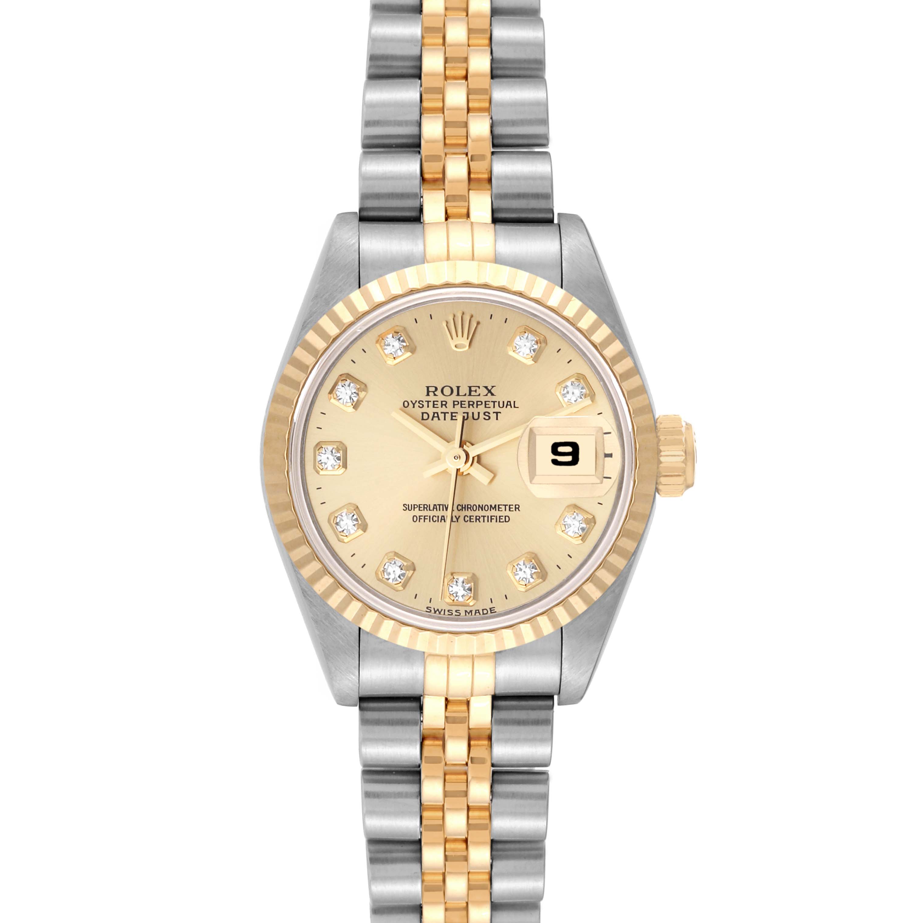 This image shows a Rolex Datejust 69173 Women's Steel and Gold (two tone) Champagne Dial 69173 Women's Steel and Gold (two tone) Champagne Dial watch in a frontal view, displaying the dial, hands, date window, bezel, and part of the bracelet.