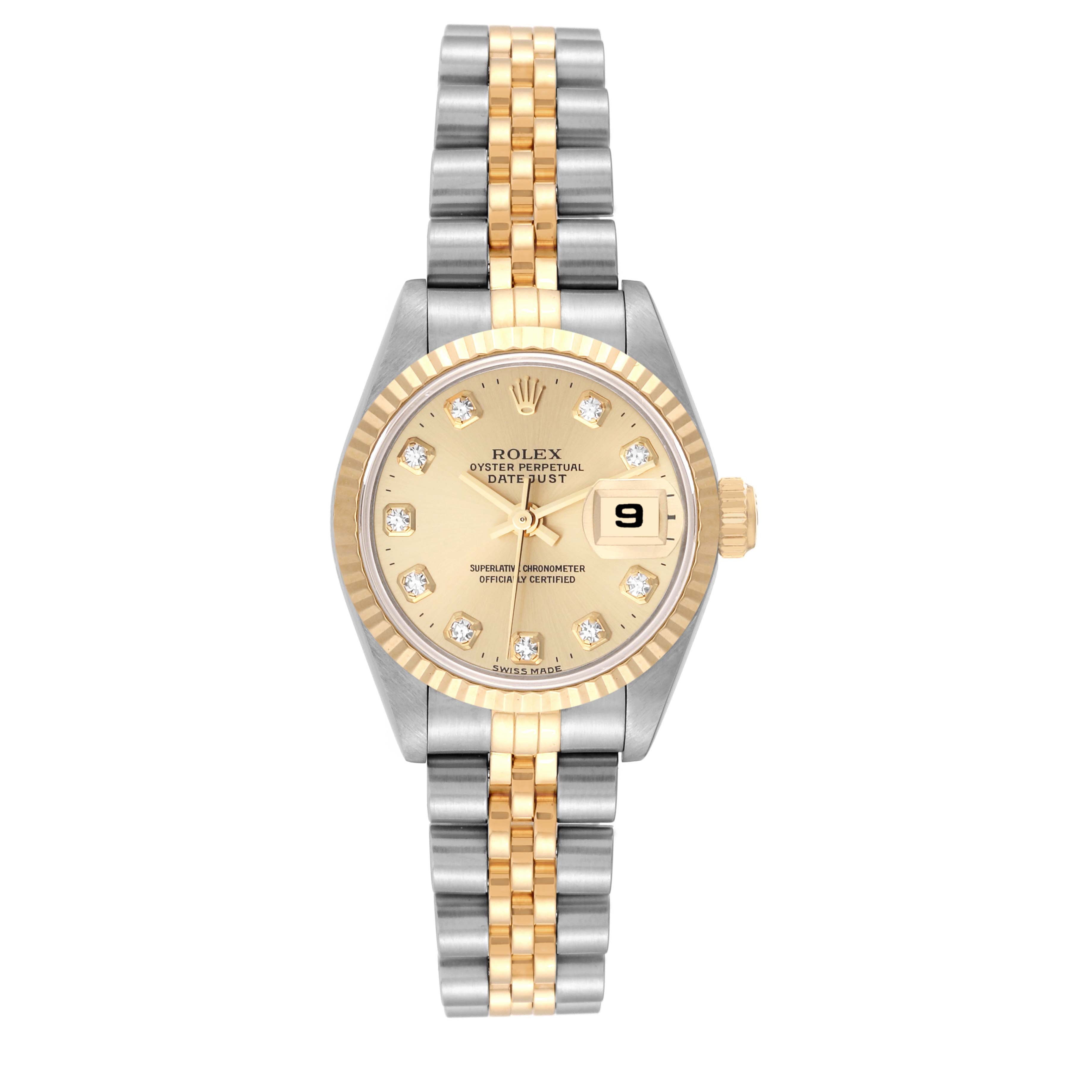 The image shows a front view of a Rolex Datejust 69173 Women's Steel and Gold (two tone) Champagne Dial 69173 Women's Steel and Gold (two tone) Champagne Dial watch with a silver and gold bracelet, a gold dial, and a date display.