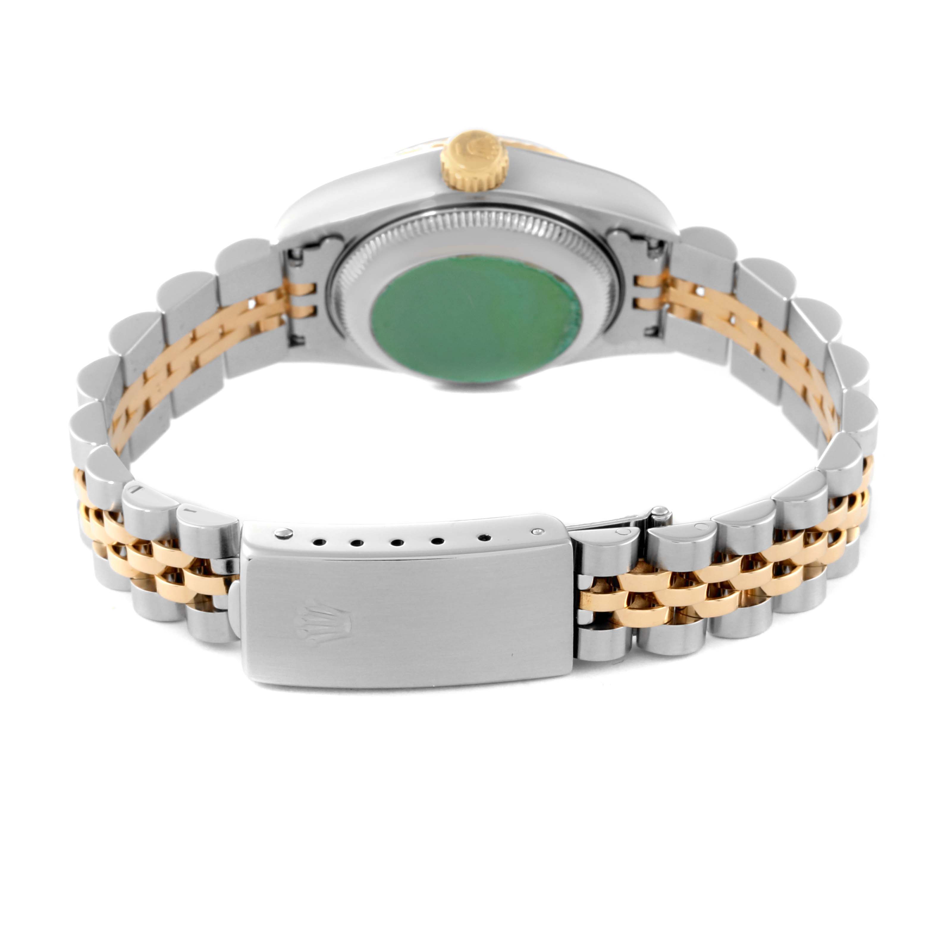 This image shows the back view of a Rolex Datejust 69173 Women's Steel and Gold (two tone) Champagne Dial 69173 Women's Steel and Gold (two tone) Champagne Dial watch, highlighting its case back, bracelet, and clasp.