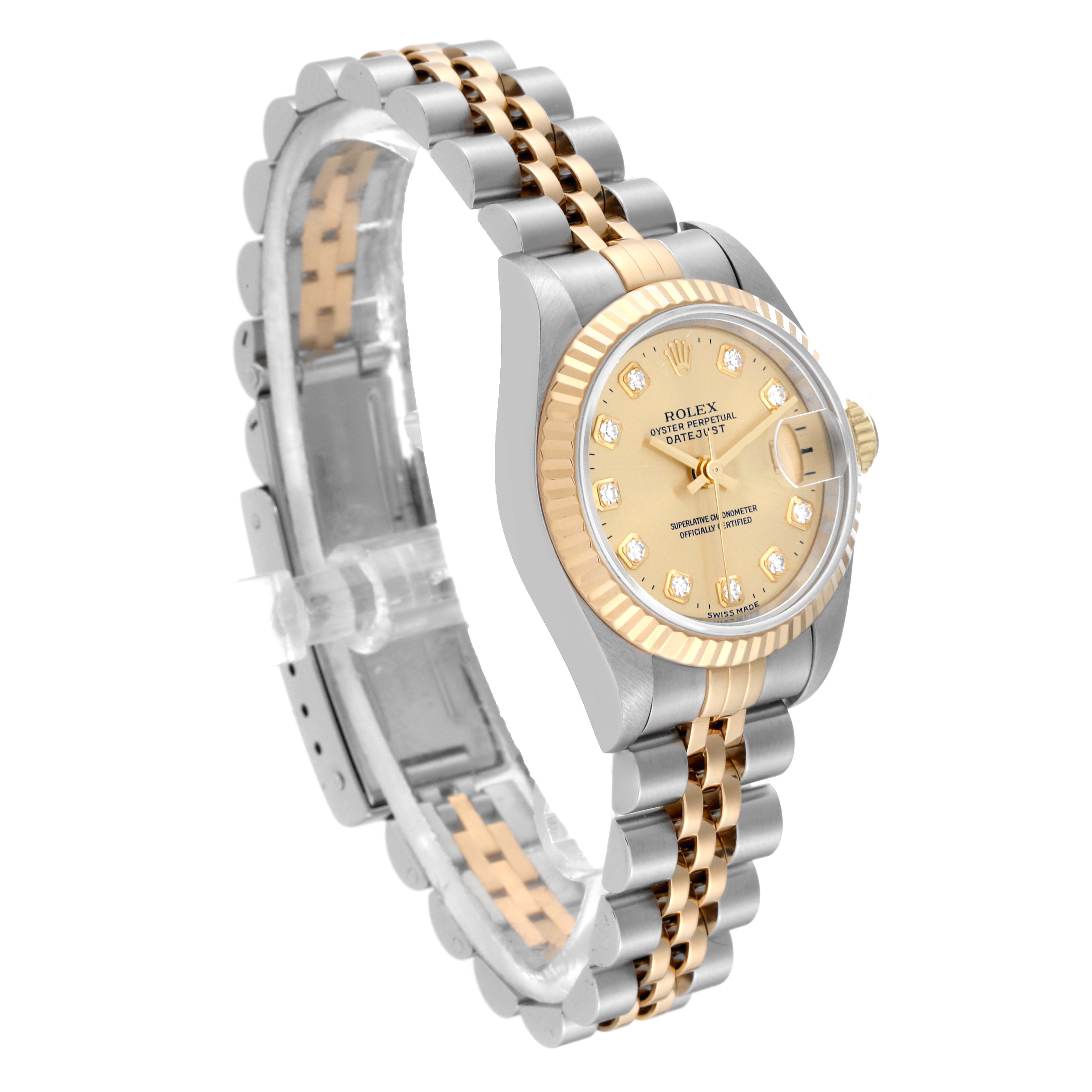 The image shows a Rolex Datejust 69173 Women's Steel and Gold (two tone) Champagne Dial 69173 Women's Steel and Gold (two tone) Champagne Dial watch viewed from an angled top-down perspective, highlighting its two-tone bracelet and diamond-set dial.