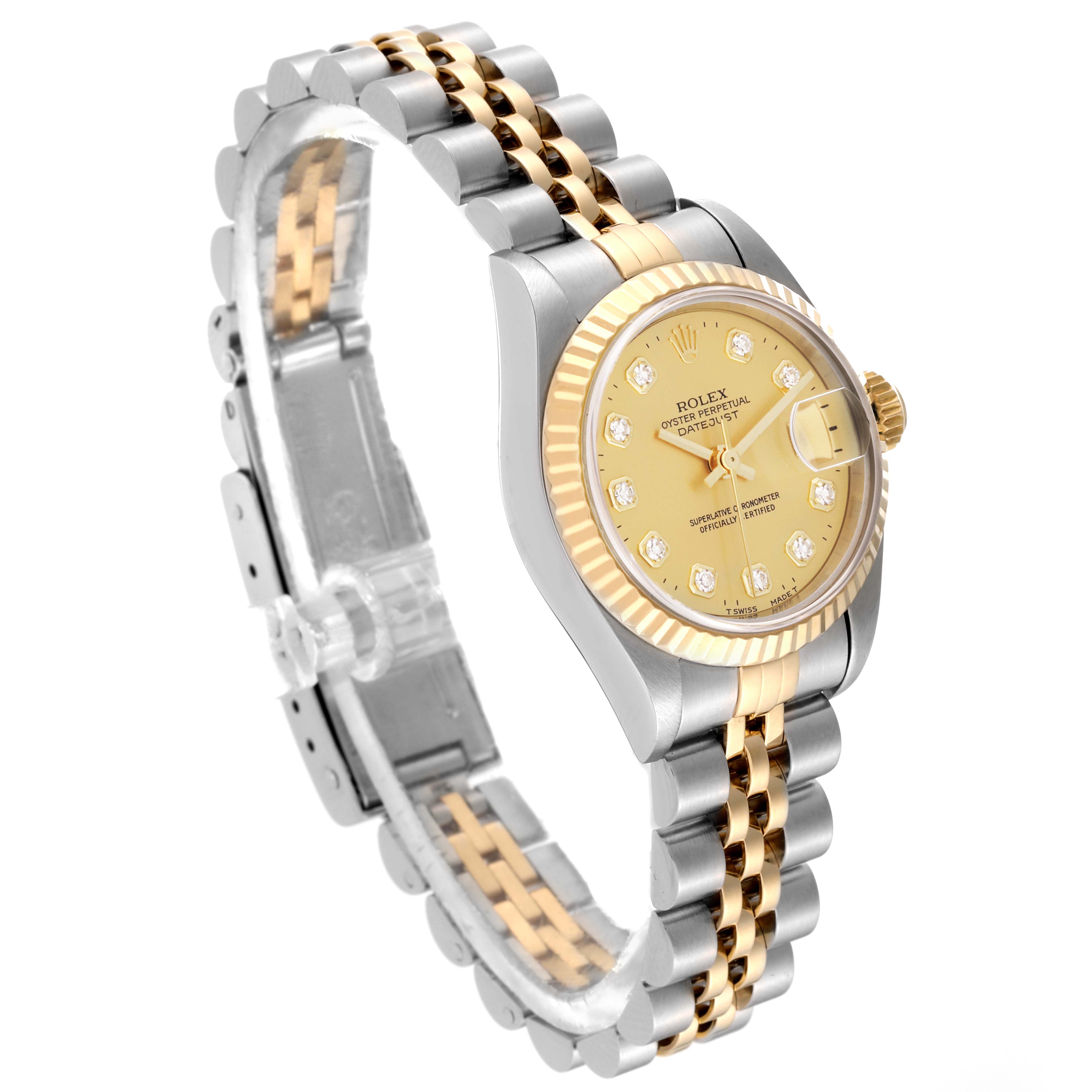 The image shows a side angle of a Rolex Datejust 69173 Women's Steel and Gold (two tone) Champagne Dial 69173 Women's Steel and Gold (two tone) Champagne Dial watch featuring a two-tone gold and silver bracelet and a gold dial with diamond markers.