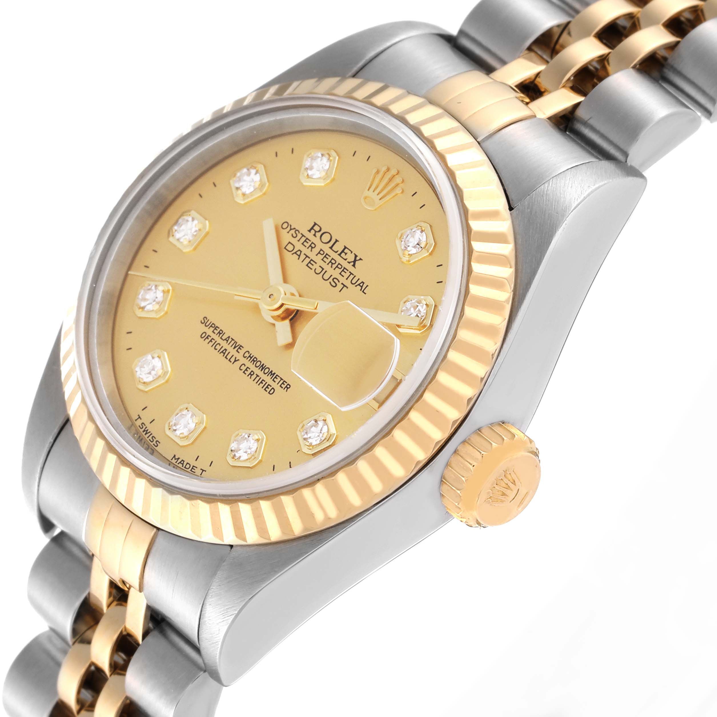 The image shows a close-up angled view of the Rolex Datejust 69173 Women's Steel and Gold (two tone) Champagne Dial 69173 Women's Steel and Gold (two tone) Champagne Dial watch, displaying its bezel, dial, crown, and part of the bracelet.