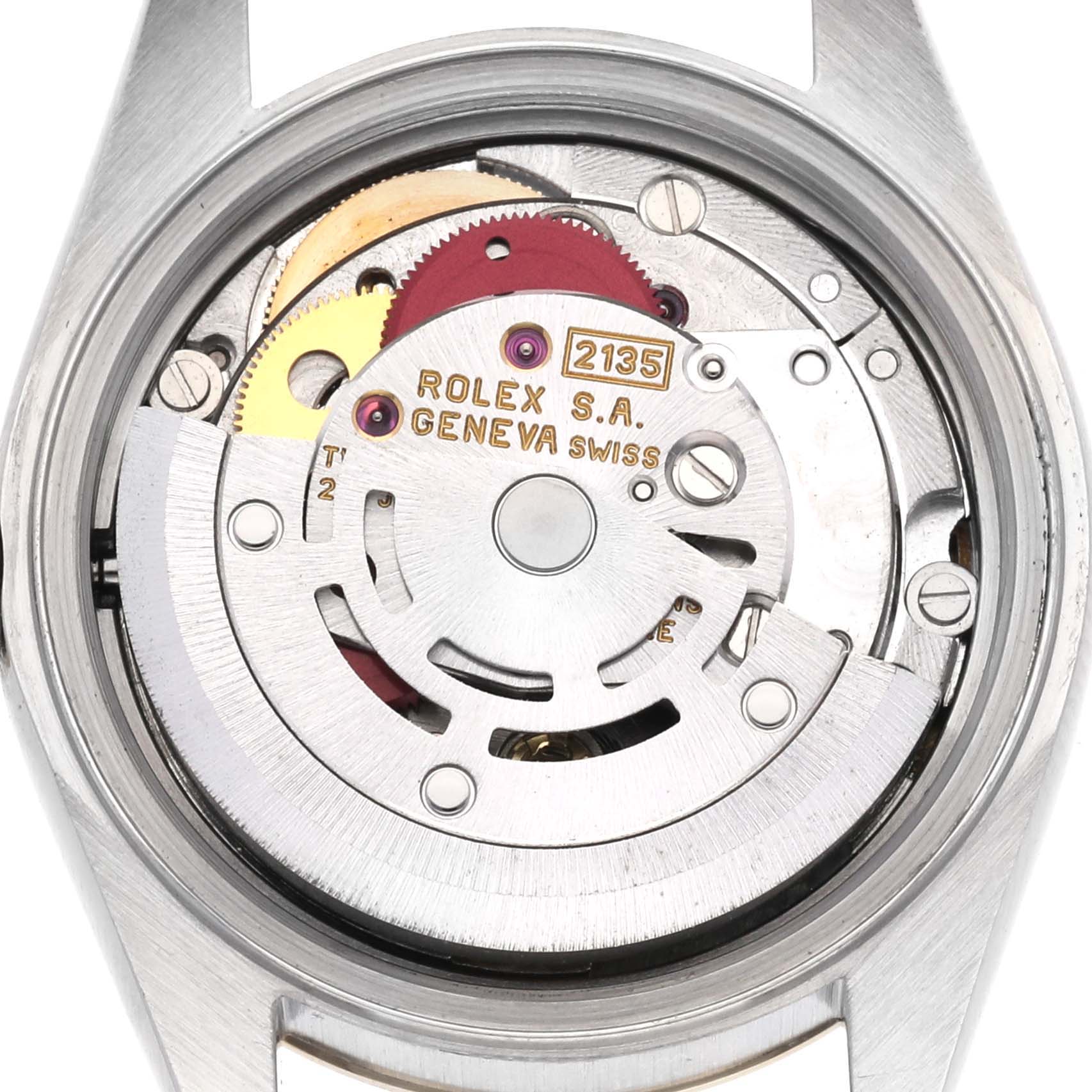 This image shows an up-close view of the movement mechanism of a Rolex Datejust 69173 Women's Steel and Gold (two tone) Champagne Dial 69173 Women's Steel and Gold (two tone) Champagne Dial watch.