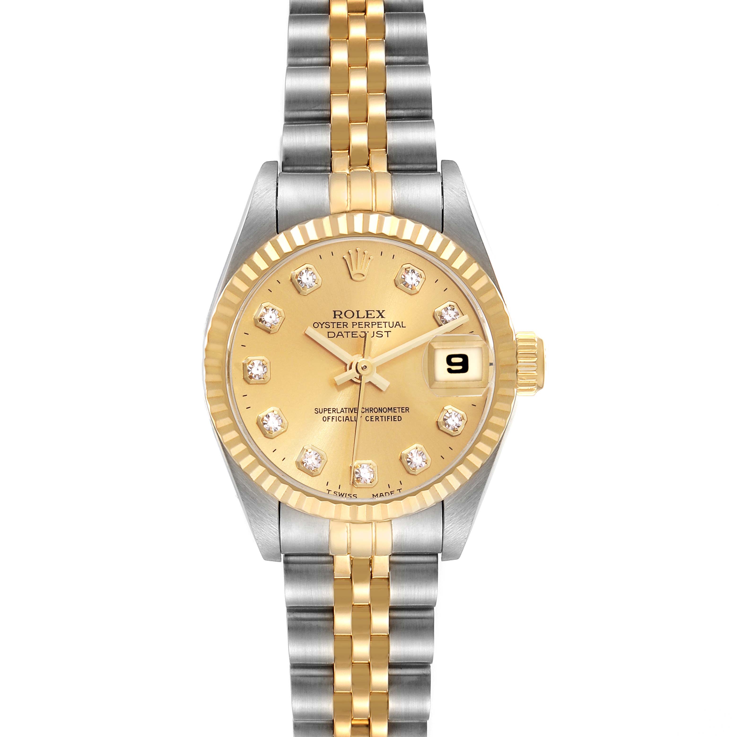 The image shows a frontal view of a Rolex Datejust 69173 Women's Steel and Gold (two tone) Champagne Dial 69173 Women's Steel and Gold (two tone) Champagne Dial watch, highlighting the gold dial, bezel, and two-tone bracelet.