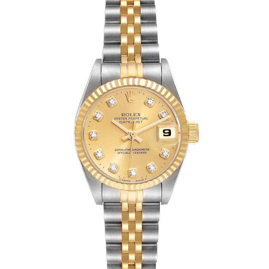 The image shows a frontal view of a Rolex Datejust watch, highlighting the gold dial, bezel, and two-tone bracelet.