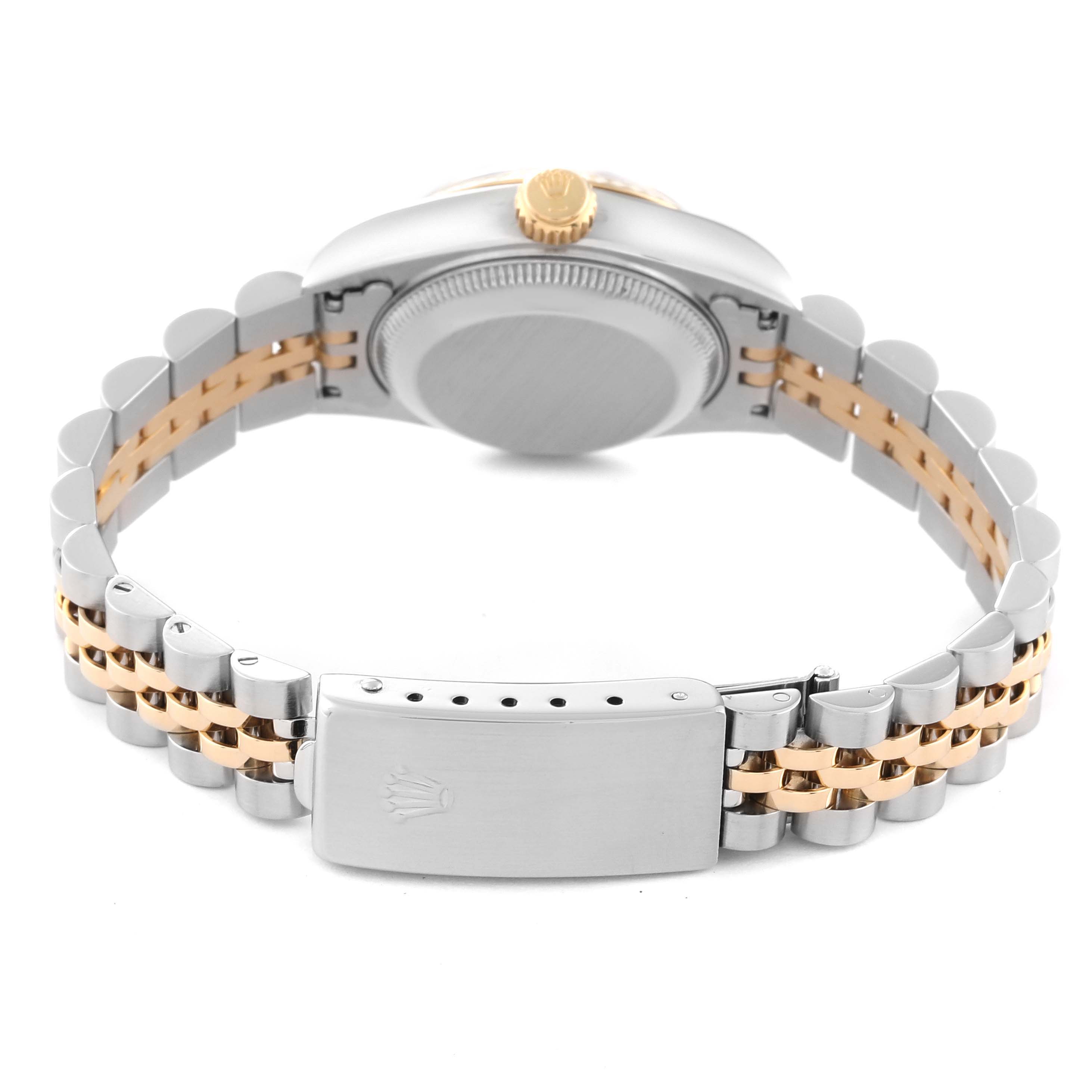 The image shows the back view of a Rolex Datejust 69173 Women's Steel and Gold (two tone) Champagne Dial 69173 Women's Steel and Gold (two tone) Champagne Dial watch, including its bracelet and clasp.