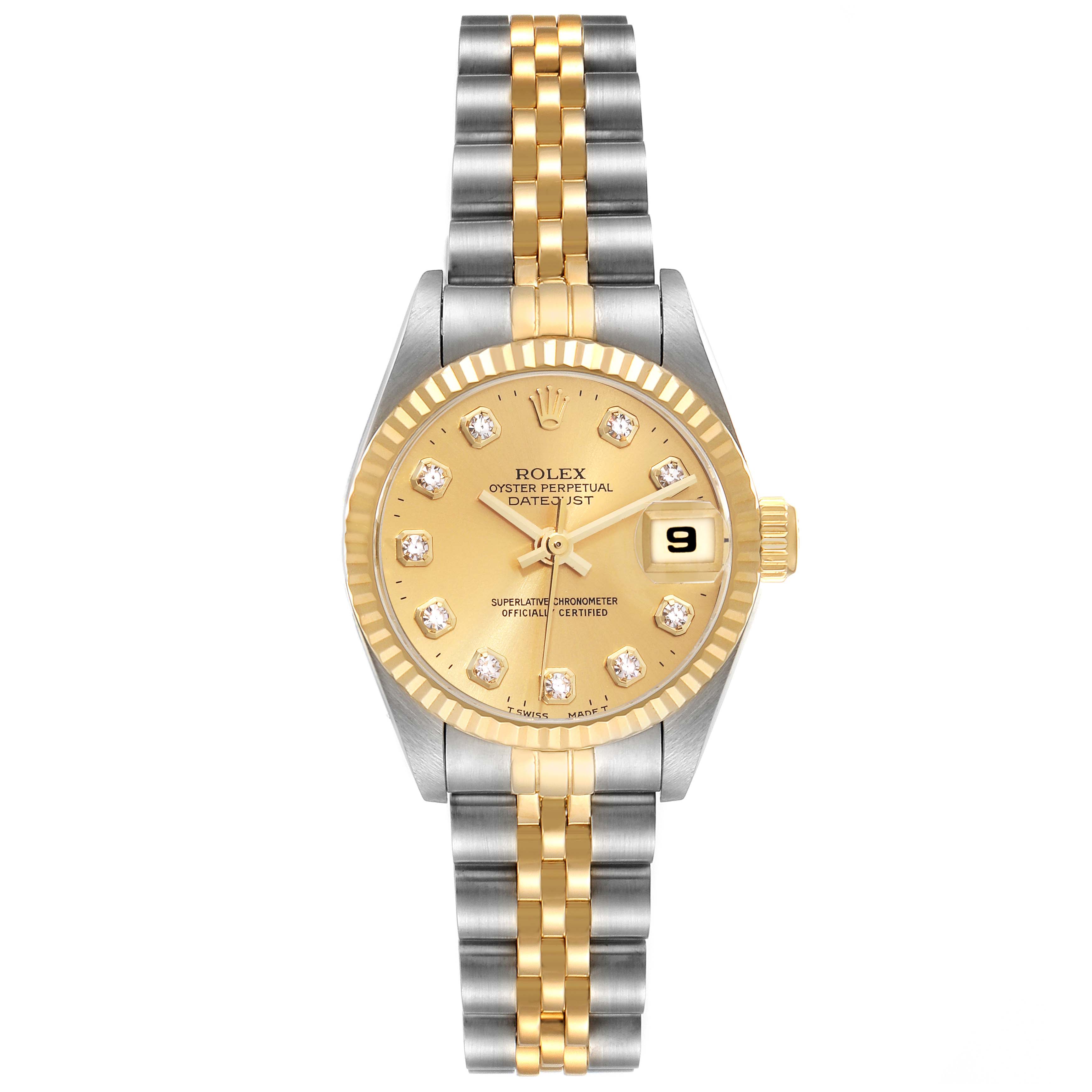 The image shows a front view of the Rolex Datejust 69173 Women's Steel and Gold (two tone) Champagne Dial 69173 Women's Steel and Gold (two tone) Champagne Dial watch, highlighting its gold dial, fluted bezel, and two-tone bracelet.