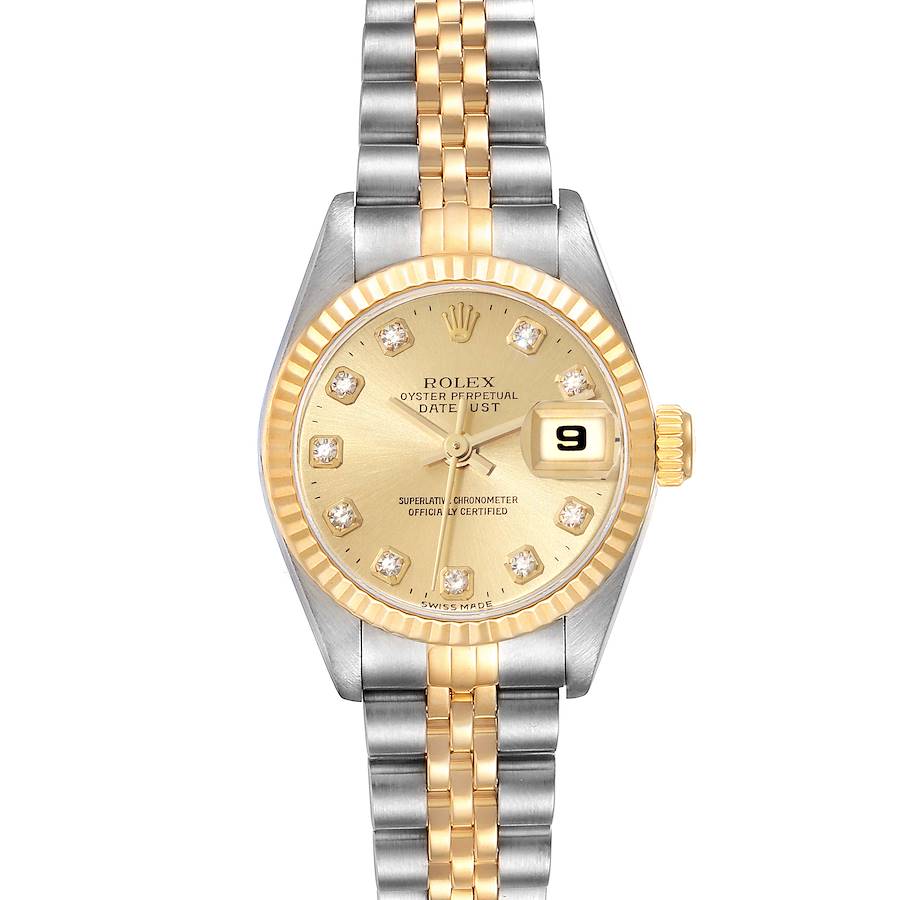 This Rolex Datejust watch is shown from a front angle, displaying the dial, bezel, and two-tone bracelet.