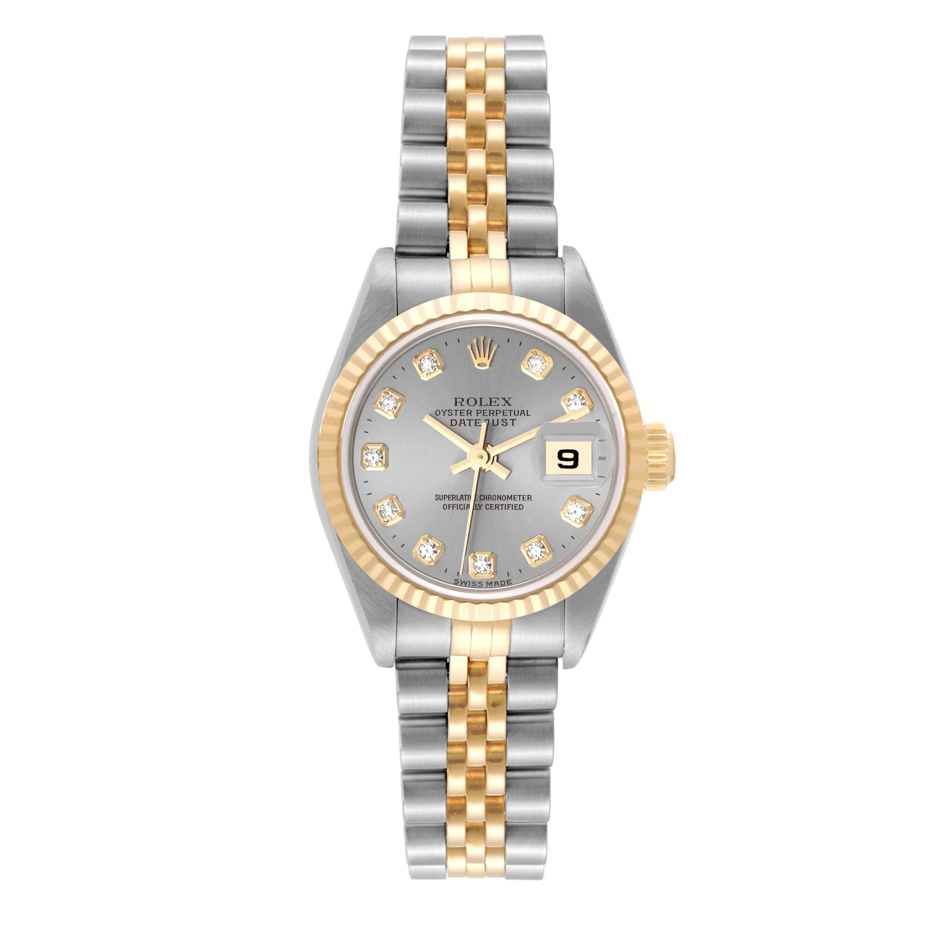 The Rolex Datejust 79173 Women's Steel and Gold (two tone) Grey Dial 79173 Women's Steel and Gold (two tone) Grey Dial watch is shown from a front angle, displaying the dial, bezel, crown, and two-tone bracelet.