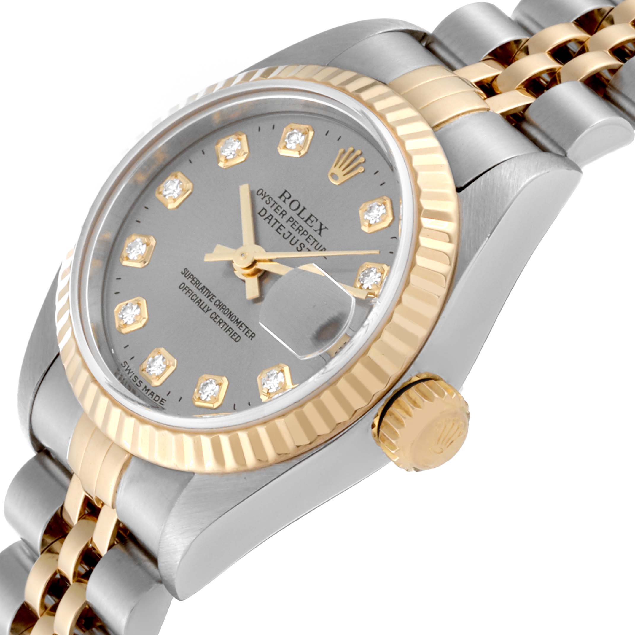 This image shows a close-angle view of a Rolex Datejust 79173 Women's Steel and Gold (two tone) Grey Dial 79173 Women's Steel and Gold (two tone) Grey Dial watch, focusing on the dial, crown, and part of the bracelet.
