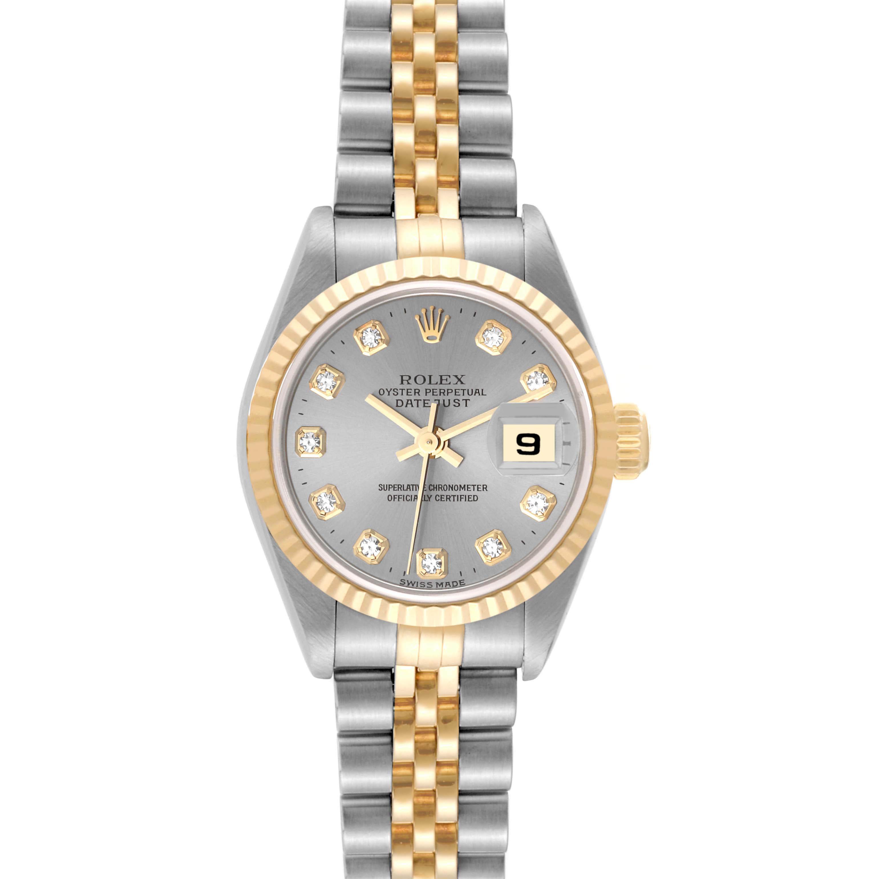 The image shows a front view of the Rolex Datejust 79173 Women's Steel and Gold (two tone) Grey Dial 79173 Women's Steel and Gold (two tone) Grey Dial watch, highlighting the bezel, dial, bracelet, and date display.