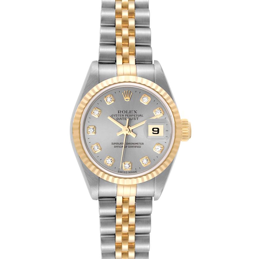 The image shows a front view of the Rolex Datejust watch, highlighting the bezel, dial, bracelet, and date display.