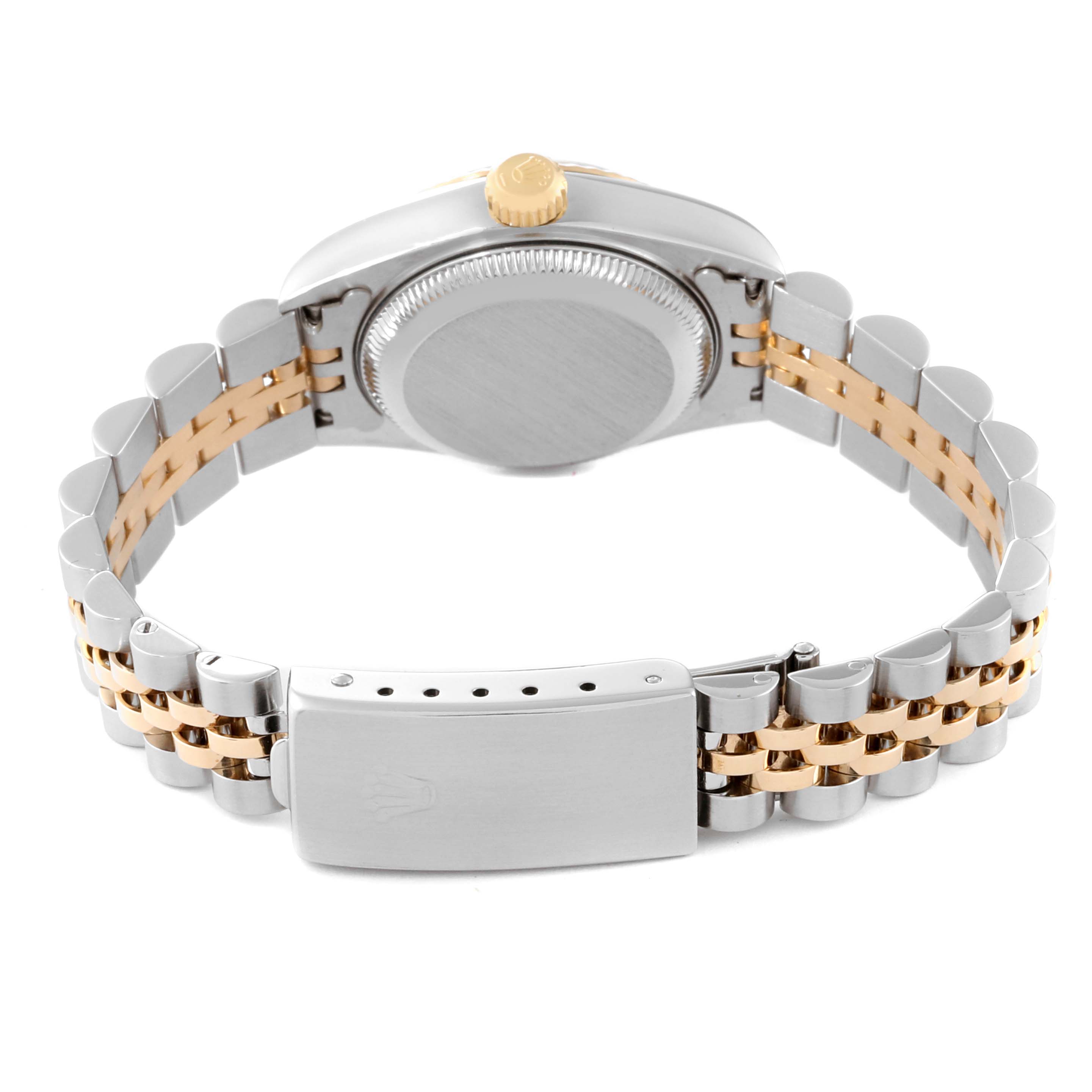 This image shows the back view of the Rolex Datejust 79173 Women's Steel and Gold (two tone) Grey Dial 79173 Women's Steel and Gold (two tone) Grey Dial watch, highlighting the case back, crown, and a two-tone bracelet with the clasp.