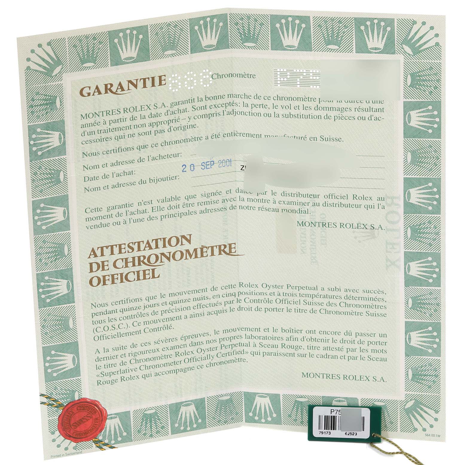 This image shows the warranty certificate for a Rolex Datejust 79173 Women's Steel and Gold (two tone) Grey Dial 79173 Women's Steel and Gold (two tone) Grey Dial watch from an angled perspective.