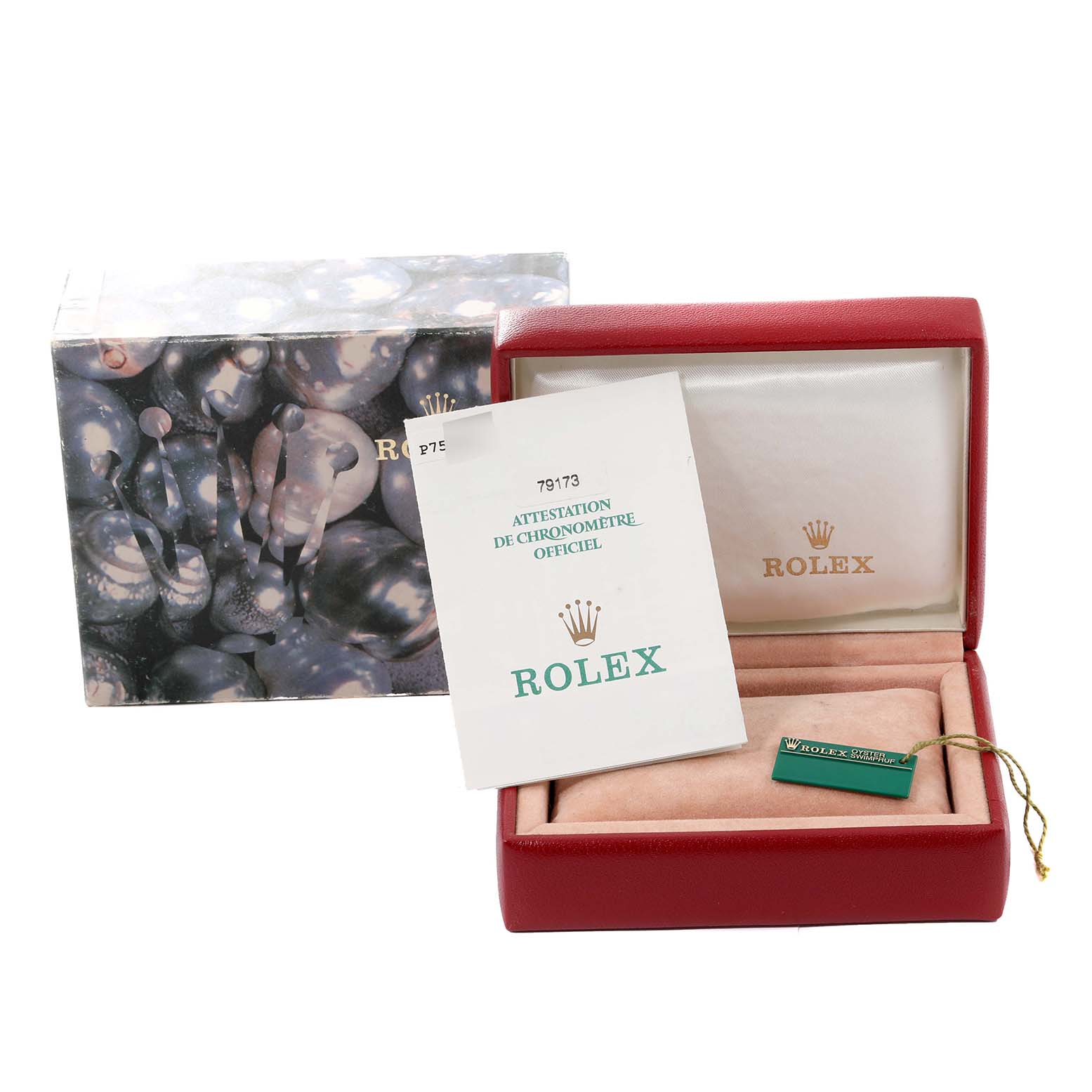 The image shows the Rolex Datejust 79173 Women's Steel and Gold (two tone) Grey Dial 79173 Women's Steel and Gold (two tone) Grey Dial packaging, including a box, booklet, and tag, viewed from the front.