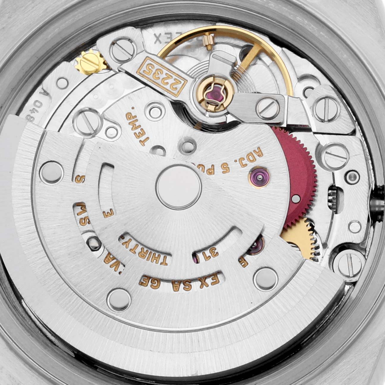 This image shows a close-up view of the movement of a Rolex Datejust 79173 Women's Steel and Gold (two tone) Grey Dial 79173 Women's Steel and Gold (two tone) Grey Dial watch.