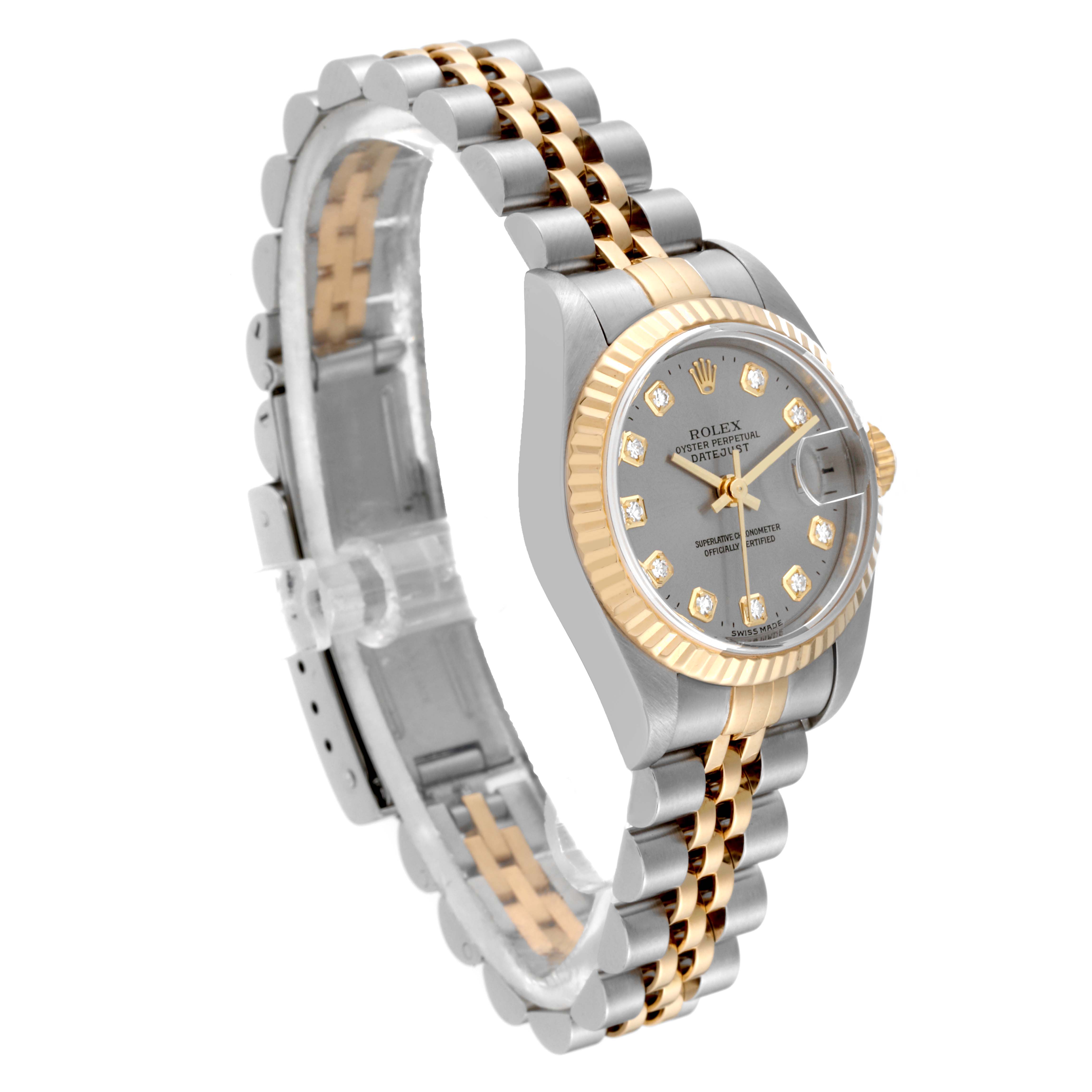 The Rolex Datejust 79173 Women's Steel and Gold (two tone) Grey Dial 79173 Women's Steel and Gold (two tone) Grey Dial watch is shown at a three-quarter angle, displaying the face, bezel, and part of the bracelet.