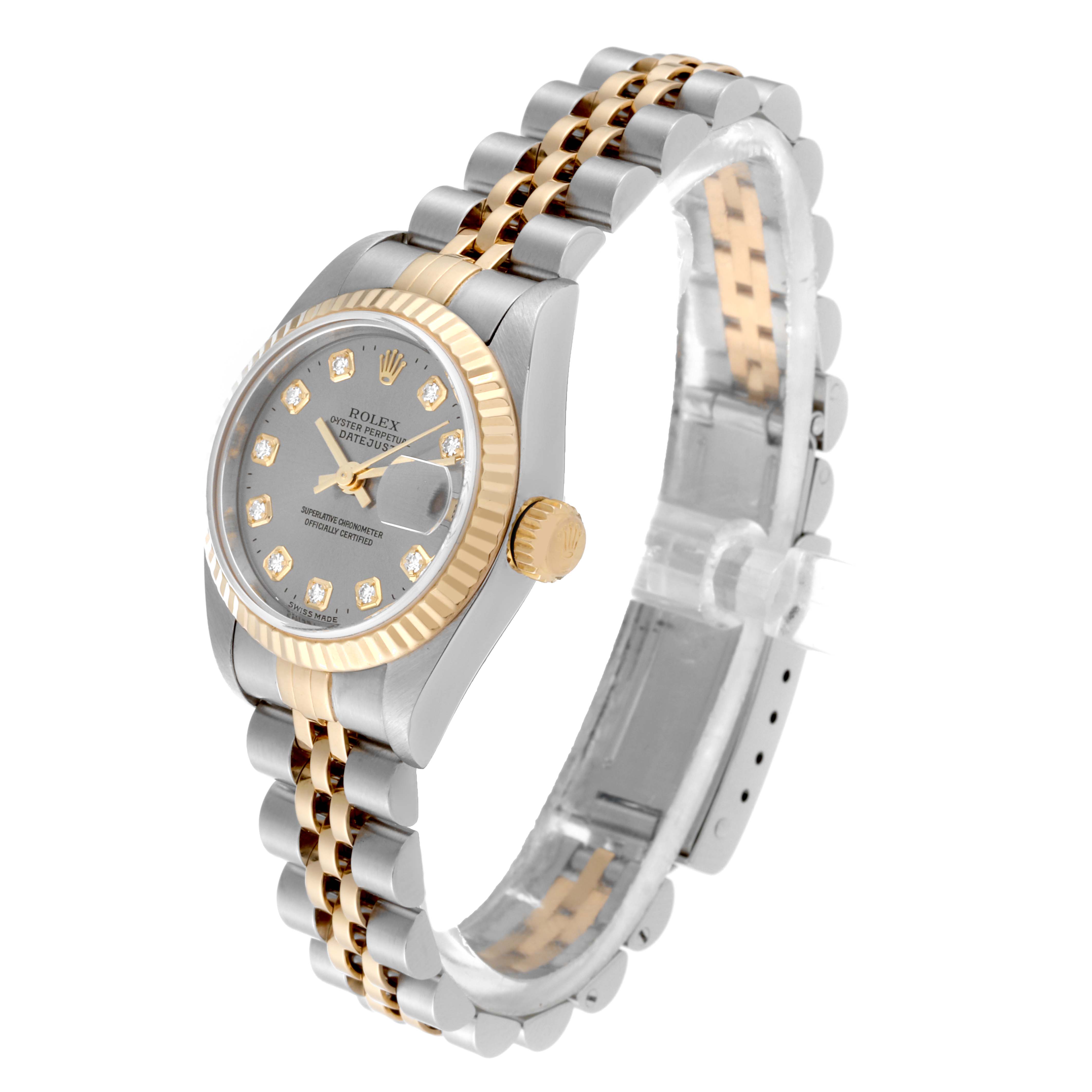 The image shows a side and angled front view of a Rolex Datejust 79173 Women's Steel and Gold (two tone) Grey Dial 79173 Women's Steel and Gold (two tone) Grey Dial watch, highlighting its dial, bezel, case, and bracelet.