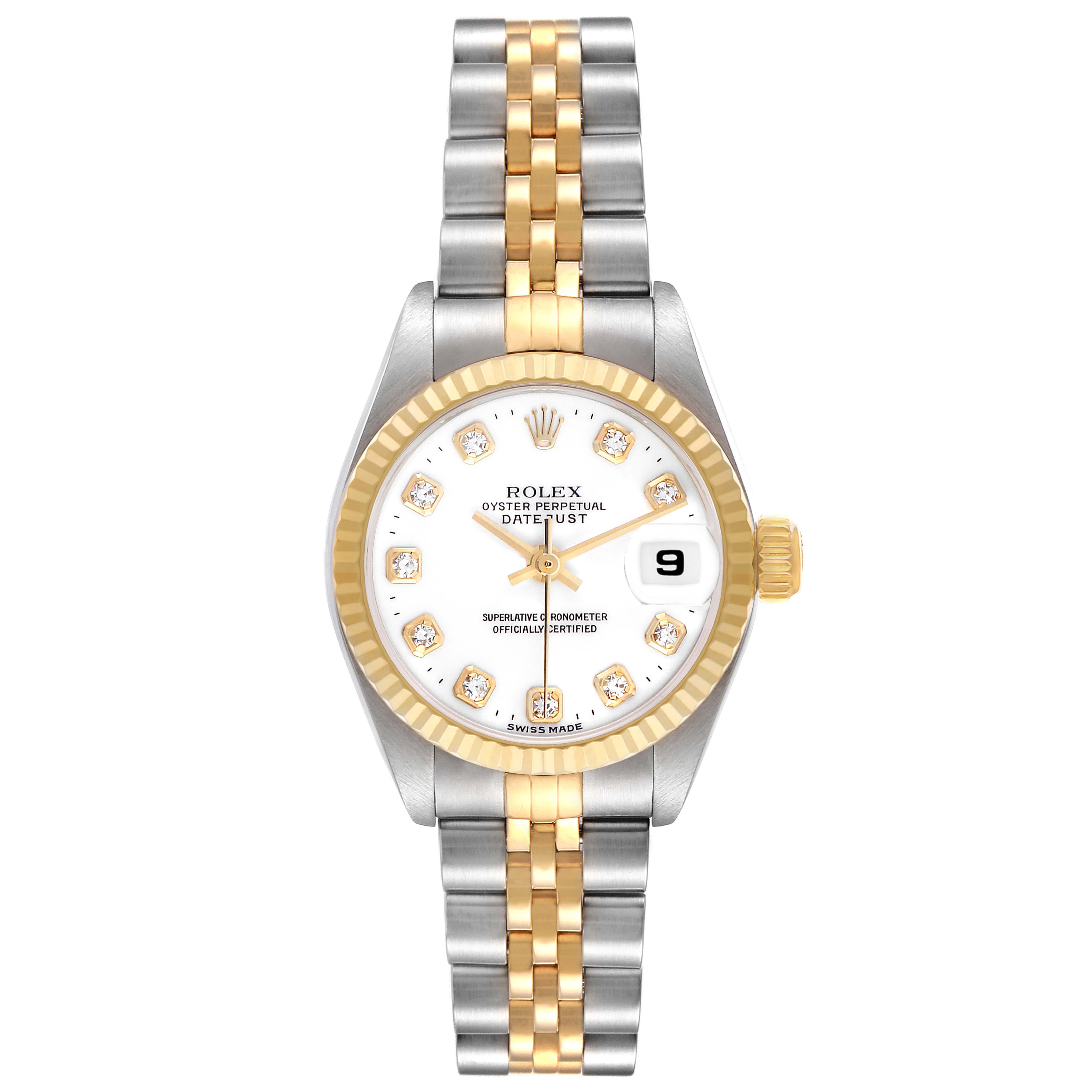 The Rolex Datejust 69173 Women's Steel and Gold (two tone) White Dial watch is shown from a front angle, highlighting the dial, bezel, and two-tone bracelet.