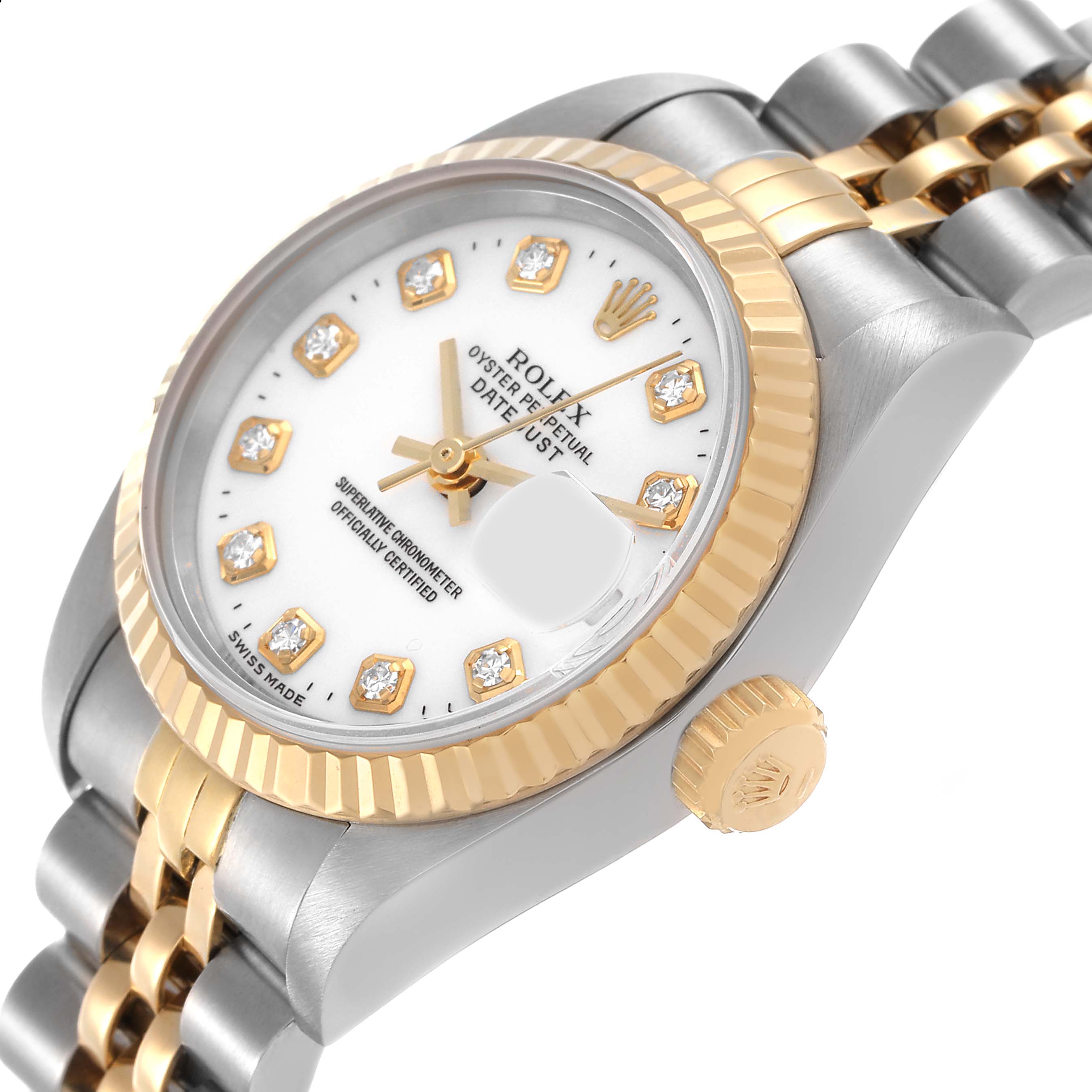 The Rolex Datejust 69173 Women's Steel and Gold (two tone) White Dial watch is shown at a slight side angle, highlighting the bezel, crown, and bracelet.