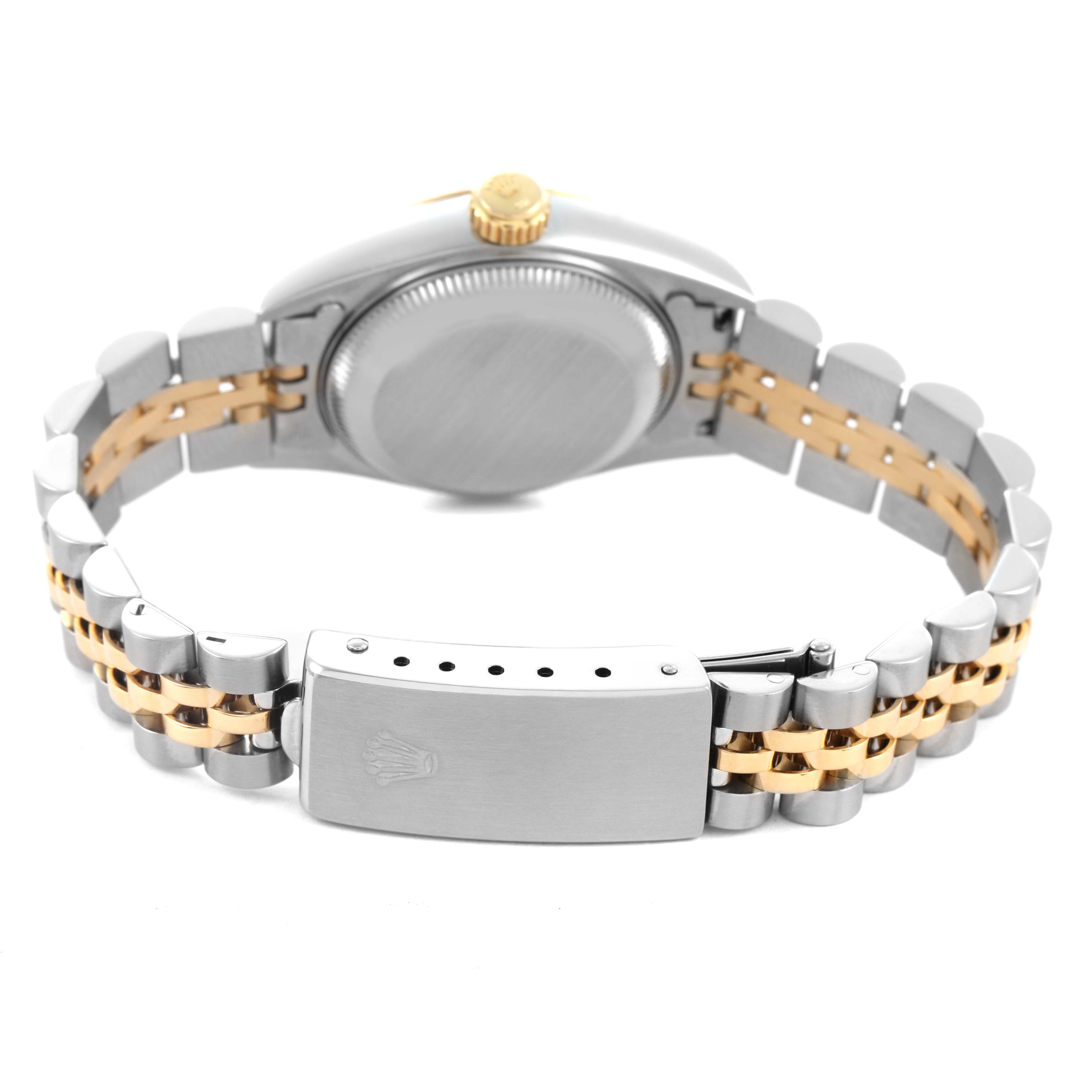 The Rolex Datejust 69173 Women's Steel and Gold (two tone) White Dial is shown from the back, highlighting the case and two-tone Jubilee bracelet with the clasp visible.
