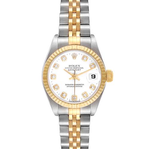 The Rolex Datejust 69173 Women's Steel and Gold (two tone) White Dial watch is shown from a front view, highlighting its two-tone bracelet, fluted bezel, and diamond hour markers.