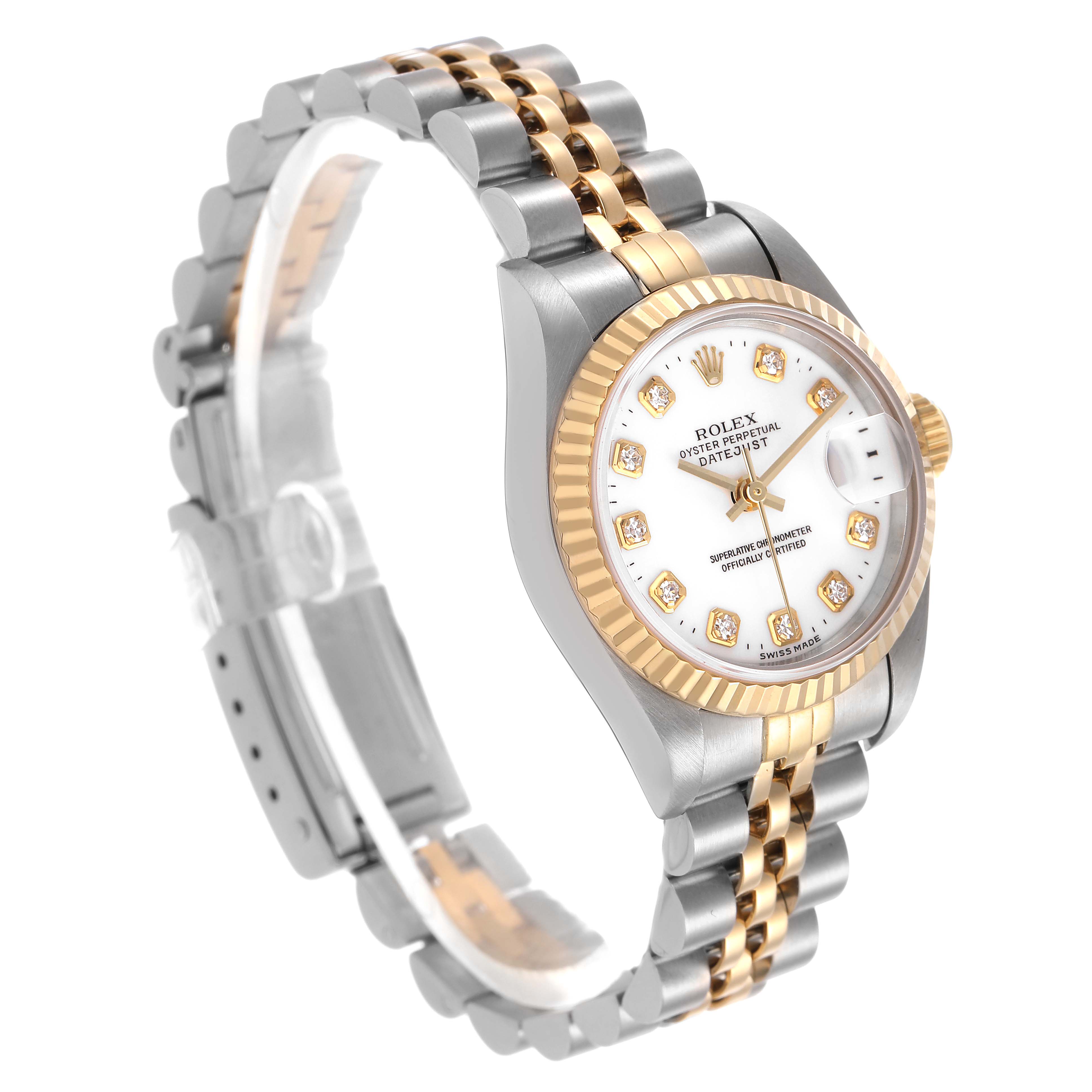 The image shows a Rolex Datejust 69173 Women's Steel and Gold (two tone) White Dial watch at a three-quarter angle, highlighting the bracelet, bezel, and dial.
