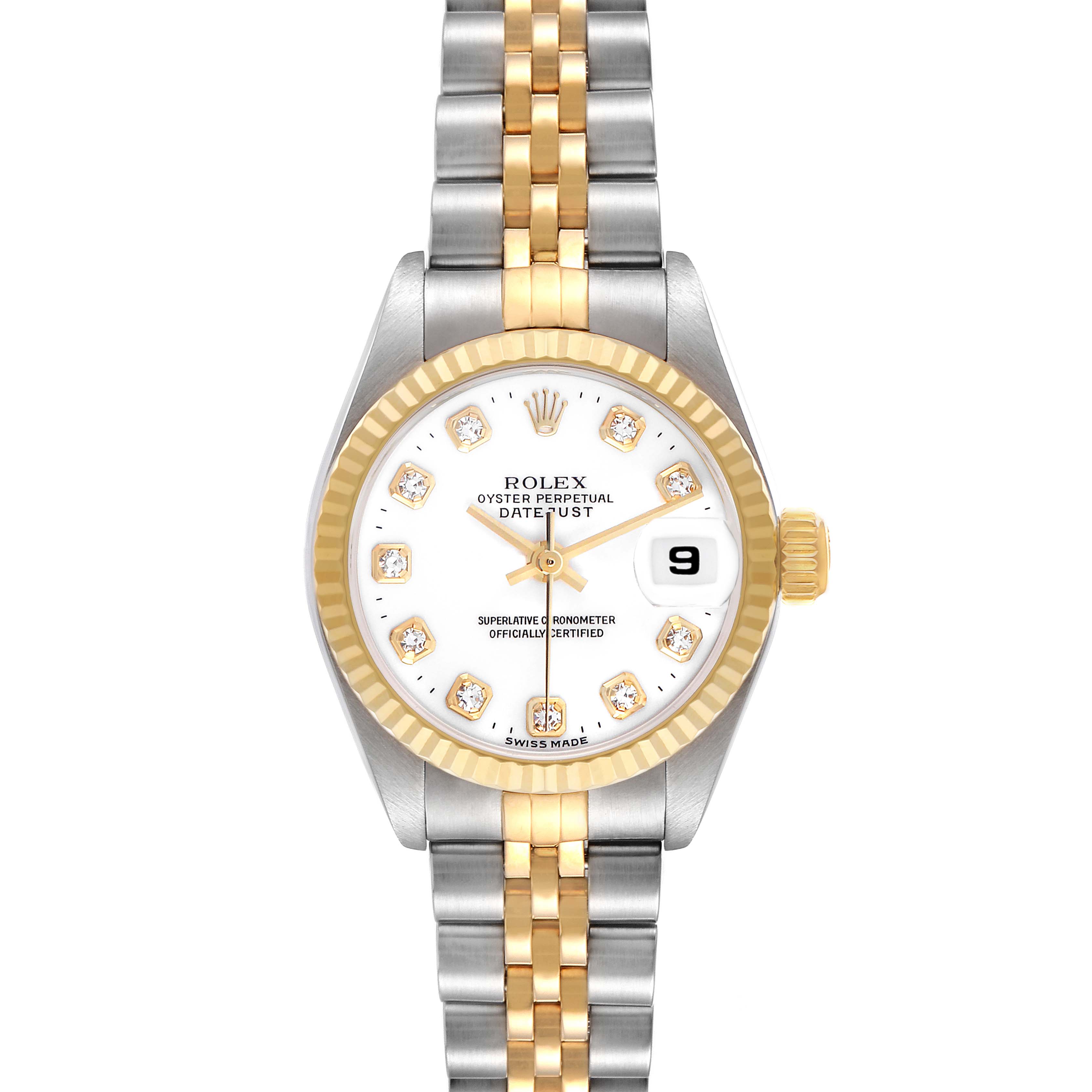 The Rolex Datejust 69173 Women's Steel and Gold (two tone) White Dial watch is shown from a front view, highlighting the dial, fluted bezel, and two-tone bracelet.